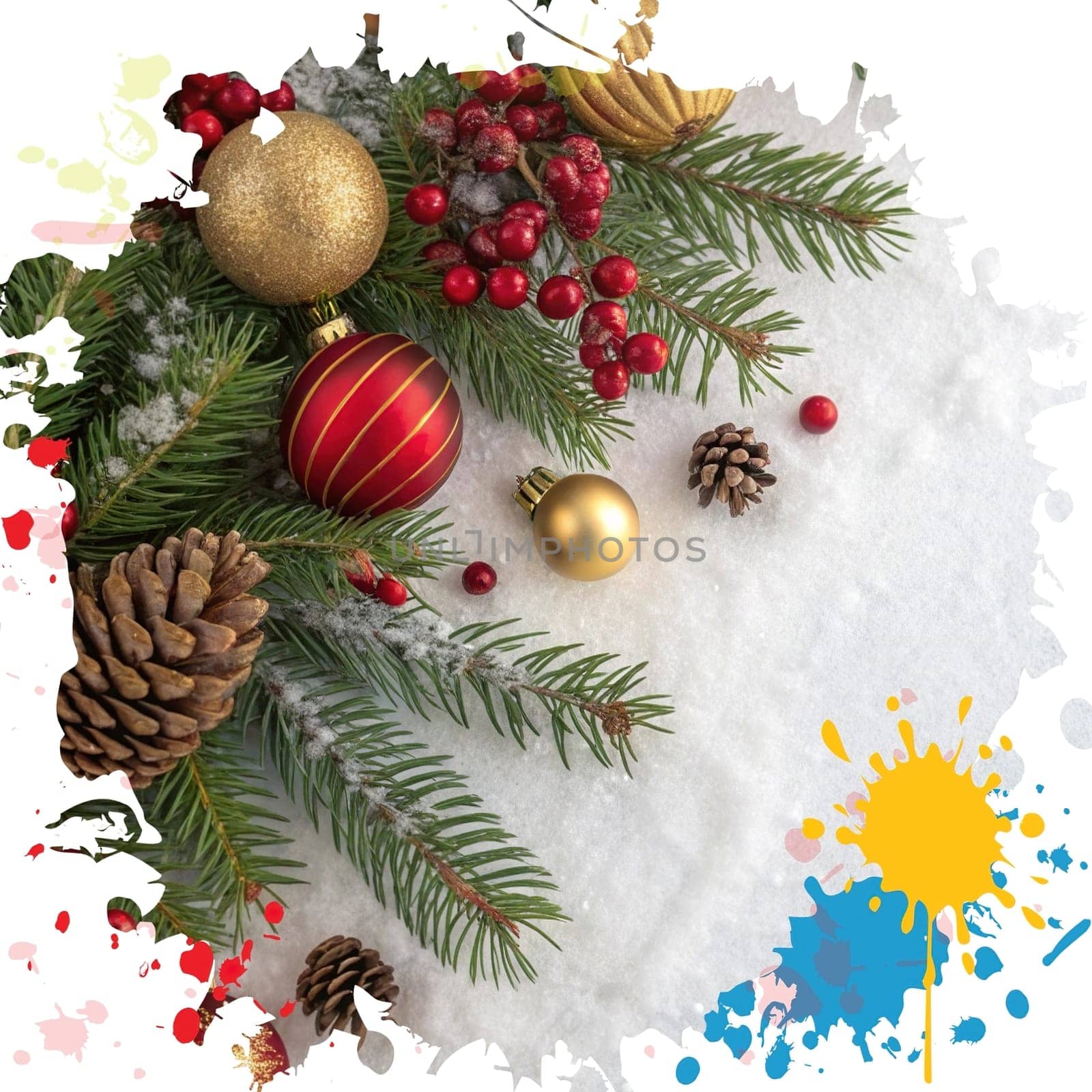 Festive Christmas and New Year Decoration with Snow.Space for text.A beautifully arranged Christmas and New Year decoration featuring snow-covered pine branches adorned with golden and red baubles, pinecones, and vibrant red berries. The scene captures the essence of the holiday season with its festive ornaments and a gentle snowfall, creating a warm and inviting winter atmosphere.