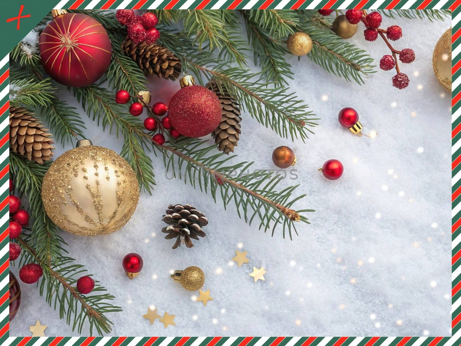 Festive Christmas and New Year Decoration with Snow.Space for text.A beautifully arranged Christmas and New Year decoration featuring snow-covered pine branches adorned with golden and red baubles, pinecones, and vibrant red berries. The scene captures the essence of the holiday season with its festive ornaments and a gentle snowfall, creating a warm and inviting winter atmosphere.