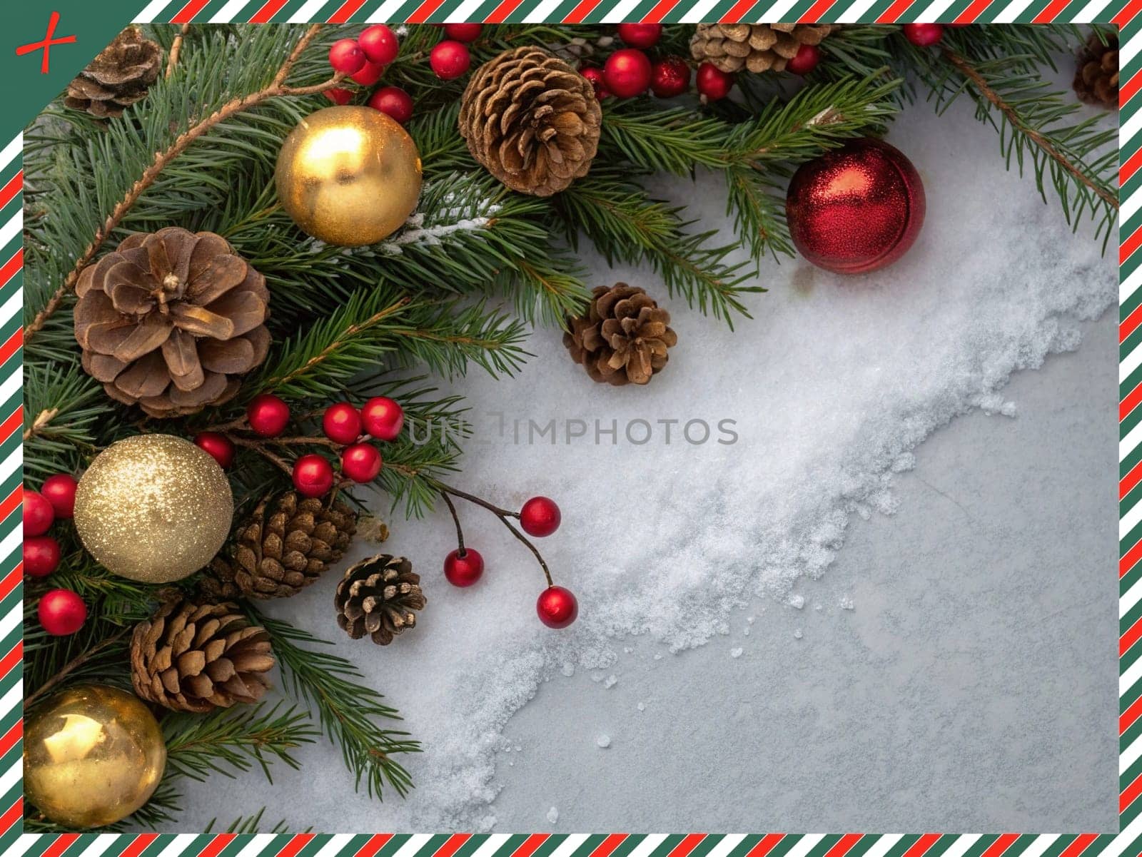 Festive Christmas and New Year Decoration with Snow.Space for text.A beautifully arranged Christmas and New Year decoration featuring snow-covered pine branches adorned with golden and red baubles, pinecones, and vibrant red berries. The scene captures the essence of the holiday season with its festive ornaments and a gentle snowfall, creating a warm and inviting winter atmosphere.
