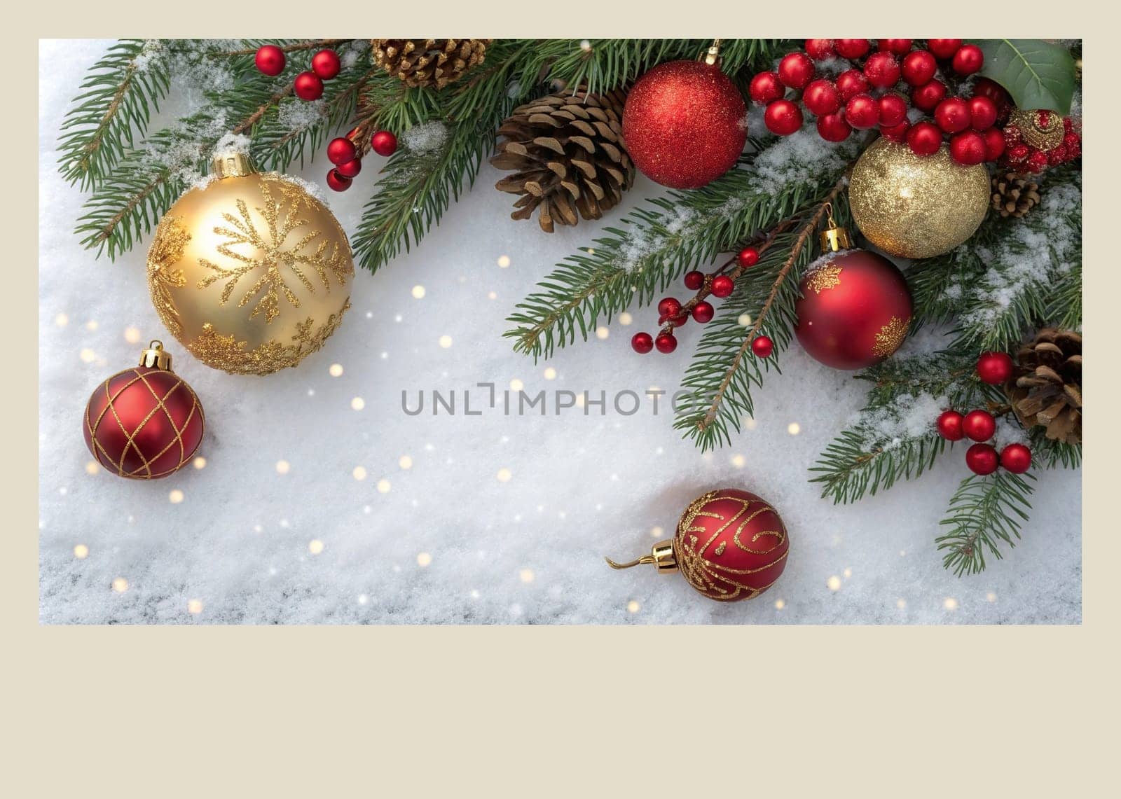 Festive Christmas and New Year Decoration with Snow.Space for text.A beautifully arranged Christmas and New Year decoration featuring snow-covered pine branches adorned with golden and red baubles, pinecones, and vibrant red berries. The scene captures the essence of the holiday season with its festive ornaments and a gentle snowfall, creating a warm and inviting winter atmosphere.