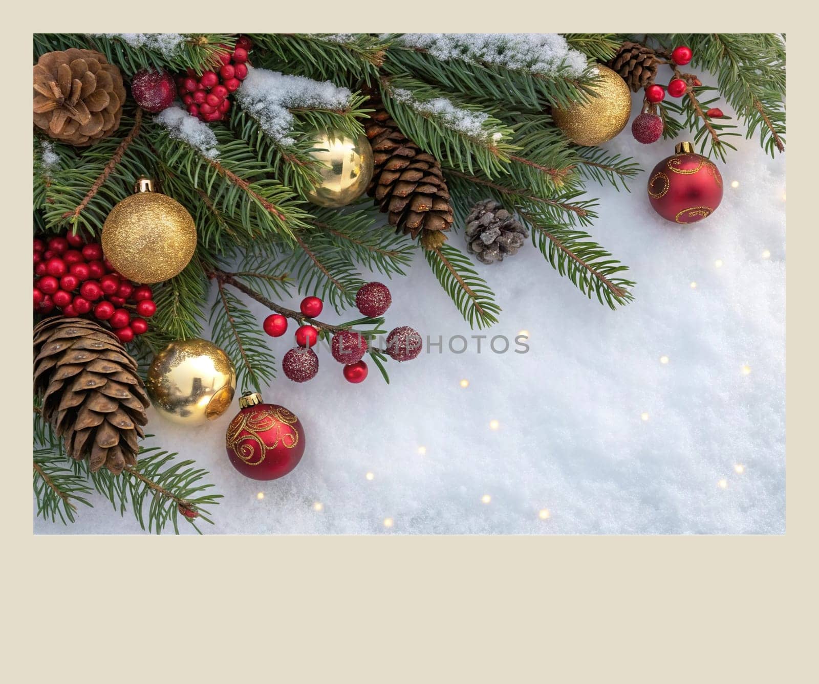 Festive Christmas and New Year Decoration with Snow.Space for text.A beautifully arranged Christmas and New Year decoration featuring snow-covered pine branches adorned with golden and red baubles, pinecones, and vibrant red berries. The scene captures the essence of the holiday season with its festive ornaments and a gentle snowfall, creating a warm and inviting winter atmosphere.