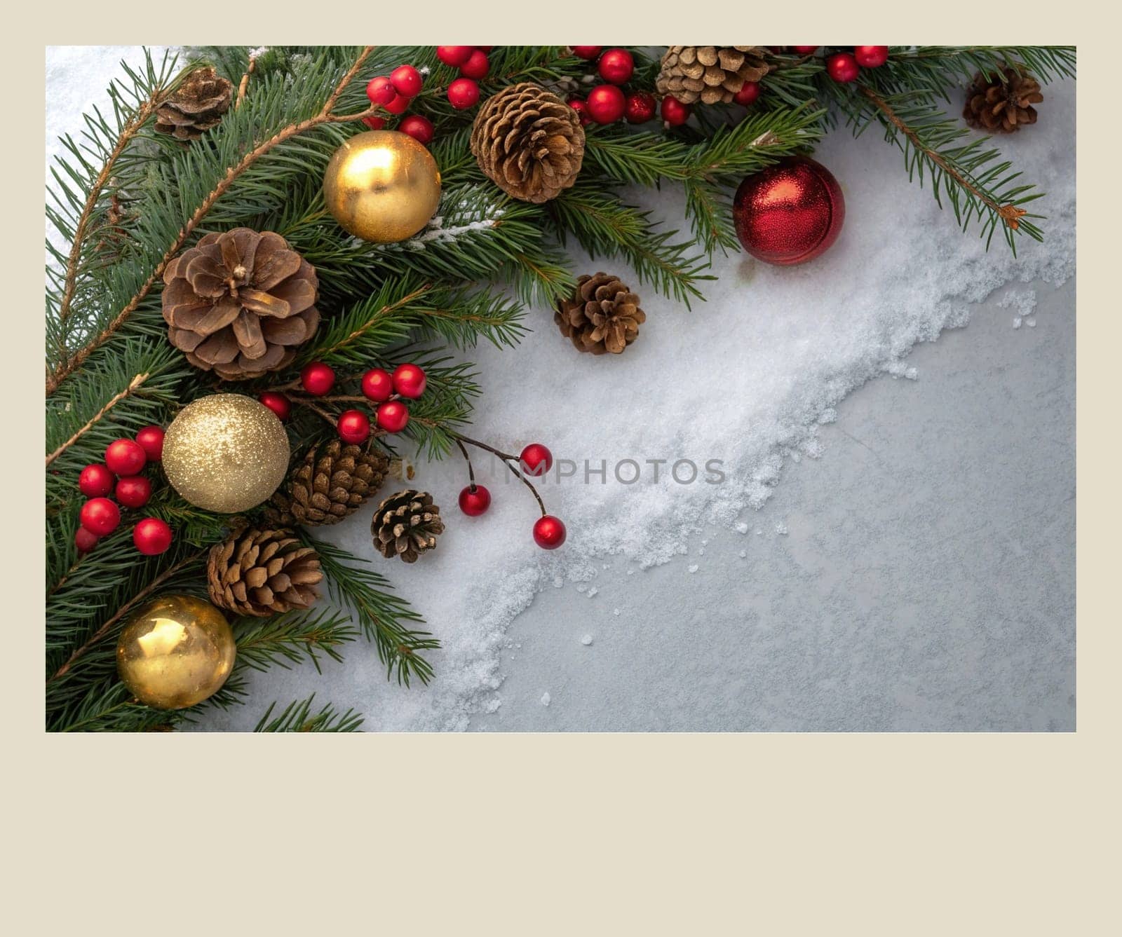 Festive Christmas and New Year Decoration with Snow.Space for text.A beautifully arranged Christmas and New Year decoration featuring snow-covered pine branches adorned with golden and red baubles, pinecones, and vibrant red berries. The scene captures the essence of the holiday season with its festive ornaments and a gentle snowfall, creating a warm and inviting winter atmosphere.