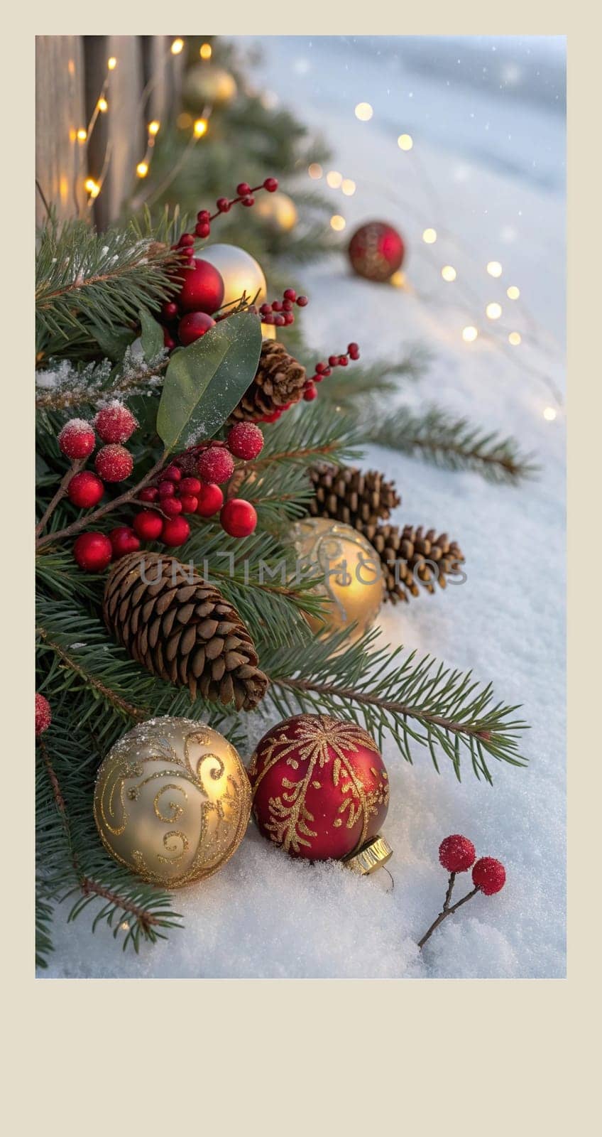 Festive Christmas and New Year Decoration with Snow.Space for text.A beautifully arranged Christmas and New Year decoration featuring snow-covered pine branches adorned with golden and red baubles, pinecones, and vibrant red berries. The scene captures the essence of the holiday season with its festive ornaments and a gentle snowfall, creating a warm and inviting winter atmosphere.