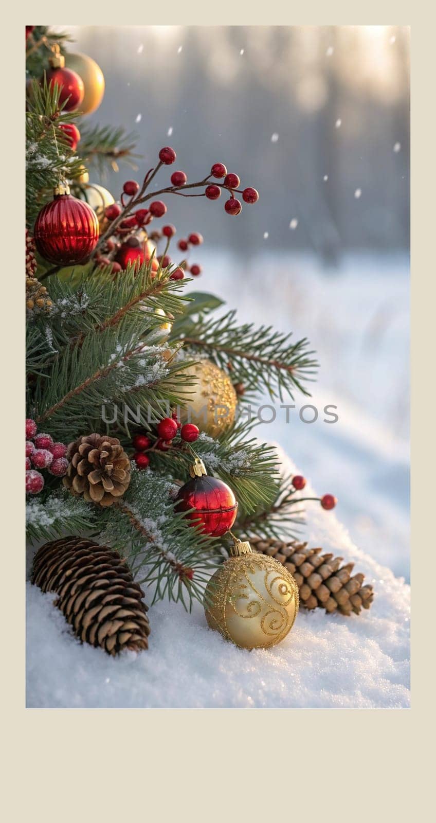 Festive Christmas and New Year Decoration with Snow.Space for text.A beautifully arranged Christmas and New Year decoration featuring snow-covered pine branches adorned with golden and red baubles, pinecones, and vibrant red berries. The scene captures the essence of the holiday season with its festive ornaments and a gentle snowfall, creating a warm and inviting winter atmosphere.