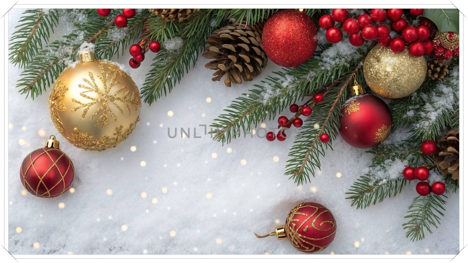 Festive Christmas and New Year Decoration with Snow.Space for text.A beautifully arranged Christmas and New Year decoration featuring snow-covered pine branches adorned with golden and red baubles, pinecones, and vibrant red berries. The scene captures the essence of the holiday season with its festive ornaments and a gentle snowfall, creating a warm and inviting winter atmosphere.