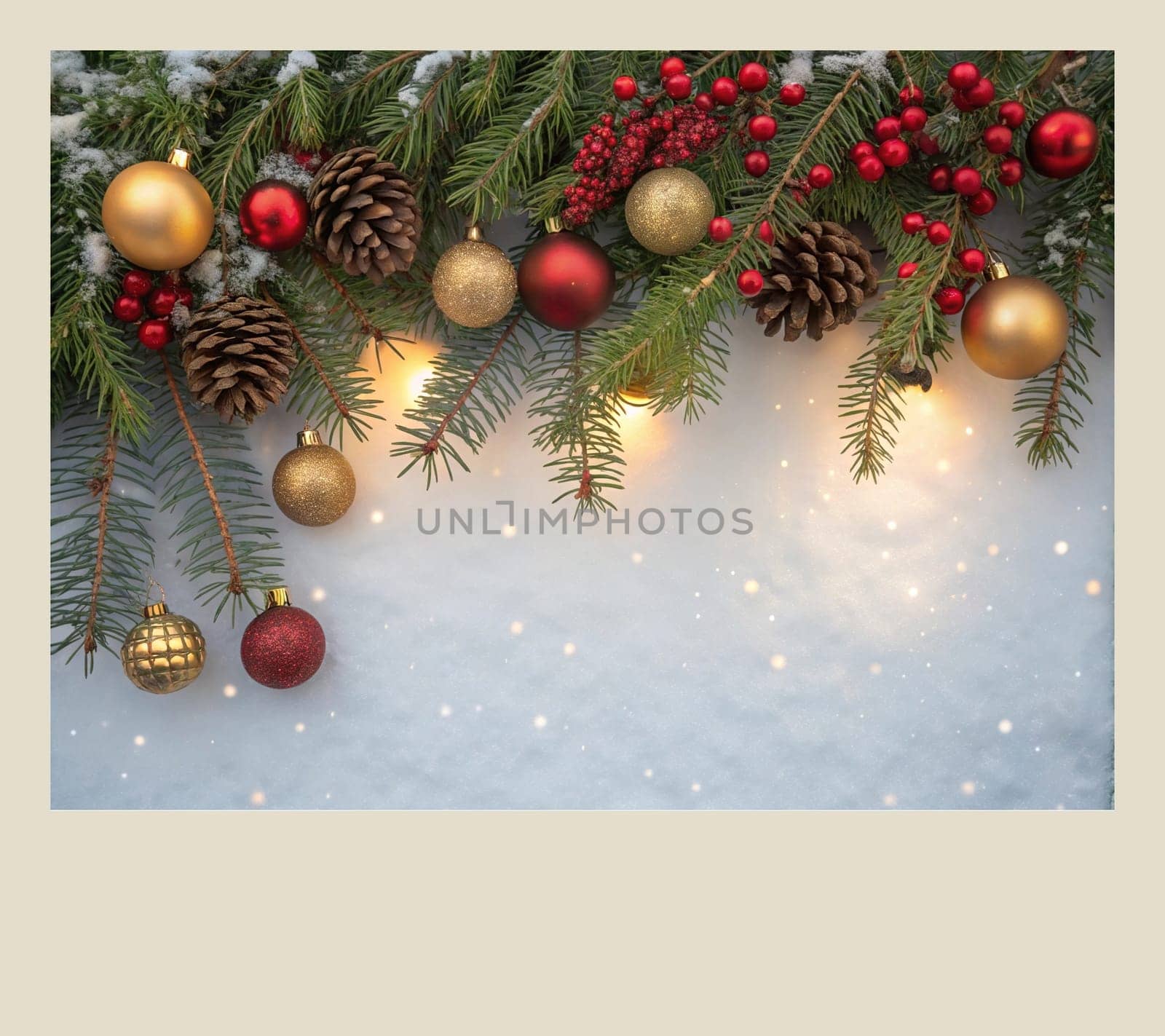 Festive Christmas and New Year Decoration with Snow.Space for text.A beautifully arranged Christmas and New Year decoration featuring snow-covered pine branches adorned with golden and red baubles, pinecones, and vibrant red berries. The scene captures the essence of the holiday season with its festive ornaments and a gentle snowfall, creating a warm and inviting winter atmosphere.