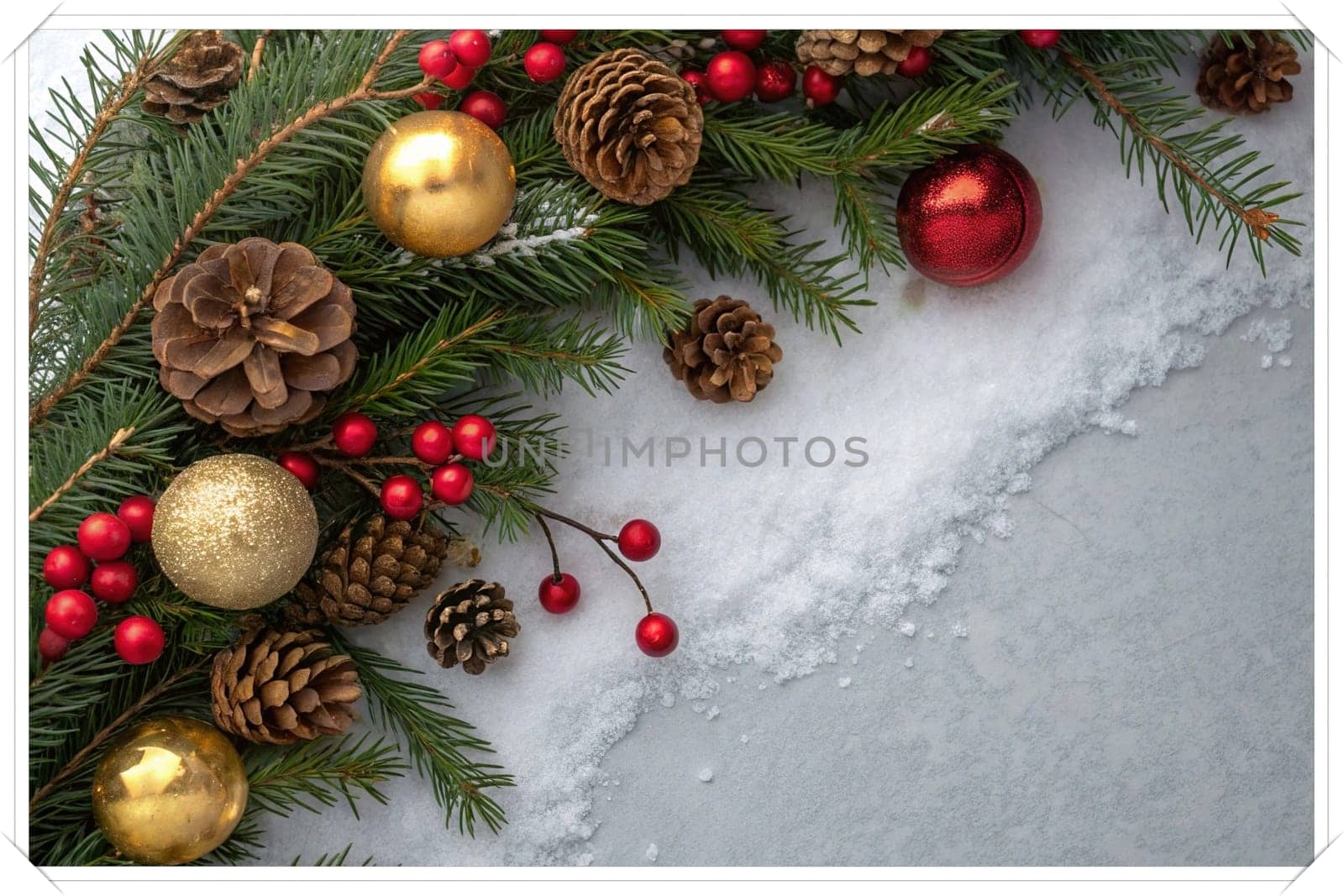 Festive Christmas and New Year Decoration with Snow.Space for text.A beautifully arranged Christmas and New Year decoration featuring snow-covered pine branches adorned with golden and red baubles, pinecones, and vibrant red berries. The scene captures the essence of the holiday season with its festive ornaments and a gentle snowfall, creating a warm and inviting winter atmosphere.