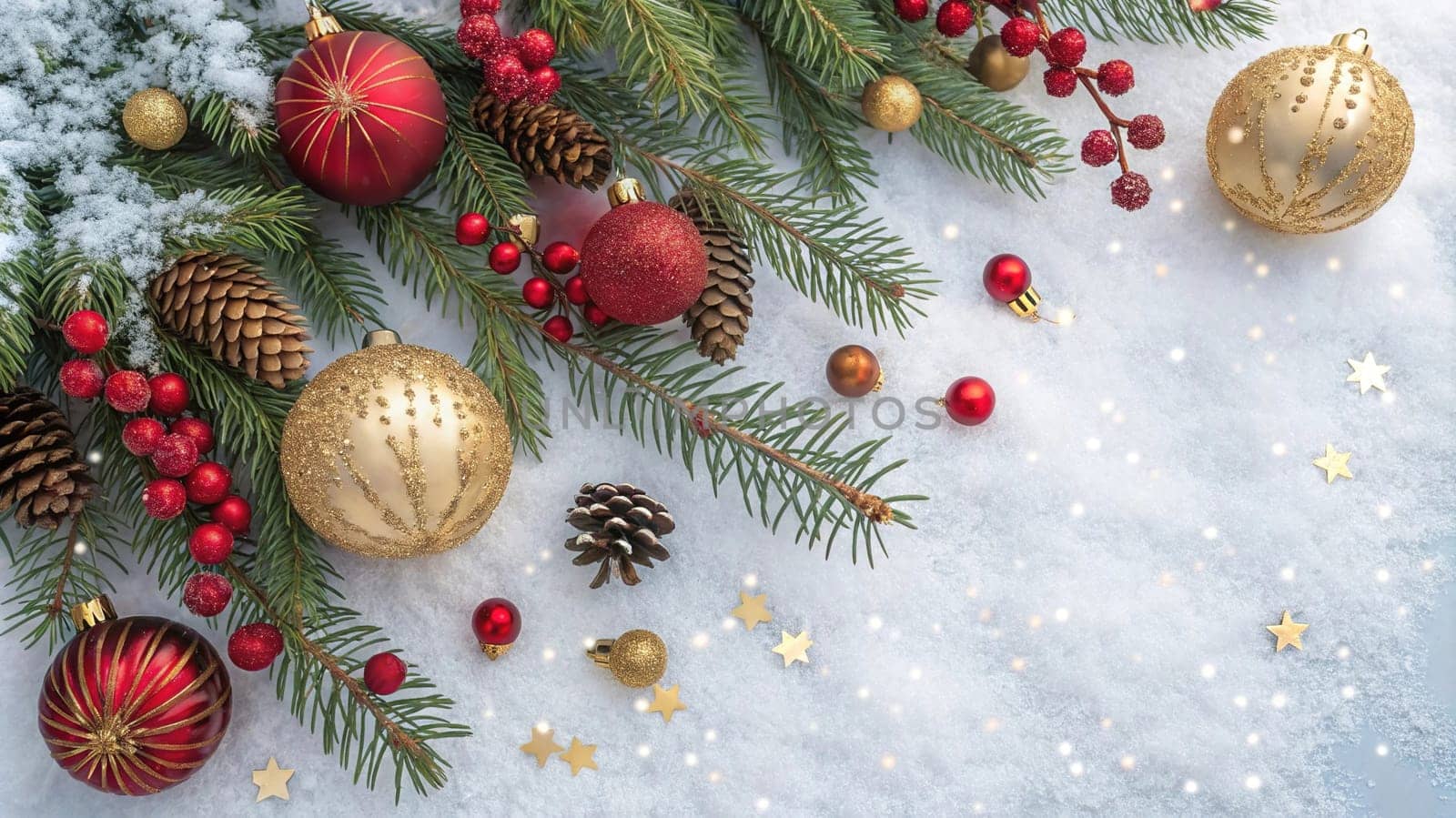 Festive Christmas and New Year Decoration with Snow.Space for text.A beautifully arranged Christmas and New Year decoration featuring snow-covered pine branches adorned with golden and red baubles, pinecones, and vibrant red berries. The scene captures the essence of the holiday season with its festive ornaments and a gentle snowfall, creating a warm and inviting winter atmosphere.