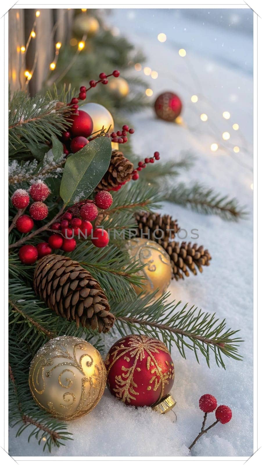 Festive Christmas and New Year Decoration with Snow.Space for text.A beautifully arranged Christmas and New Year decoration featuring snow-covered pine branches adorned with golden and red baubles, pinecones, and vibrant red berries. The scene captures the essence of the holiday season with its festive ornaments and a gentle snowfall, creating a warm and inviting winter atmosphere.