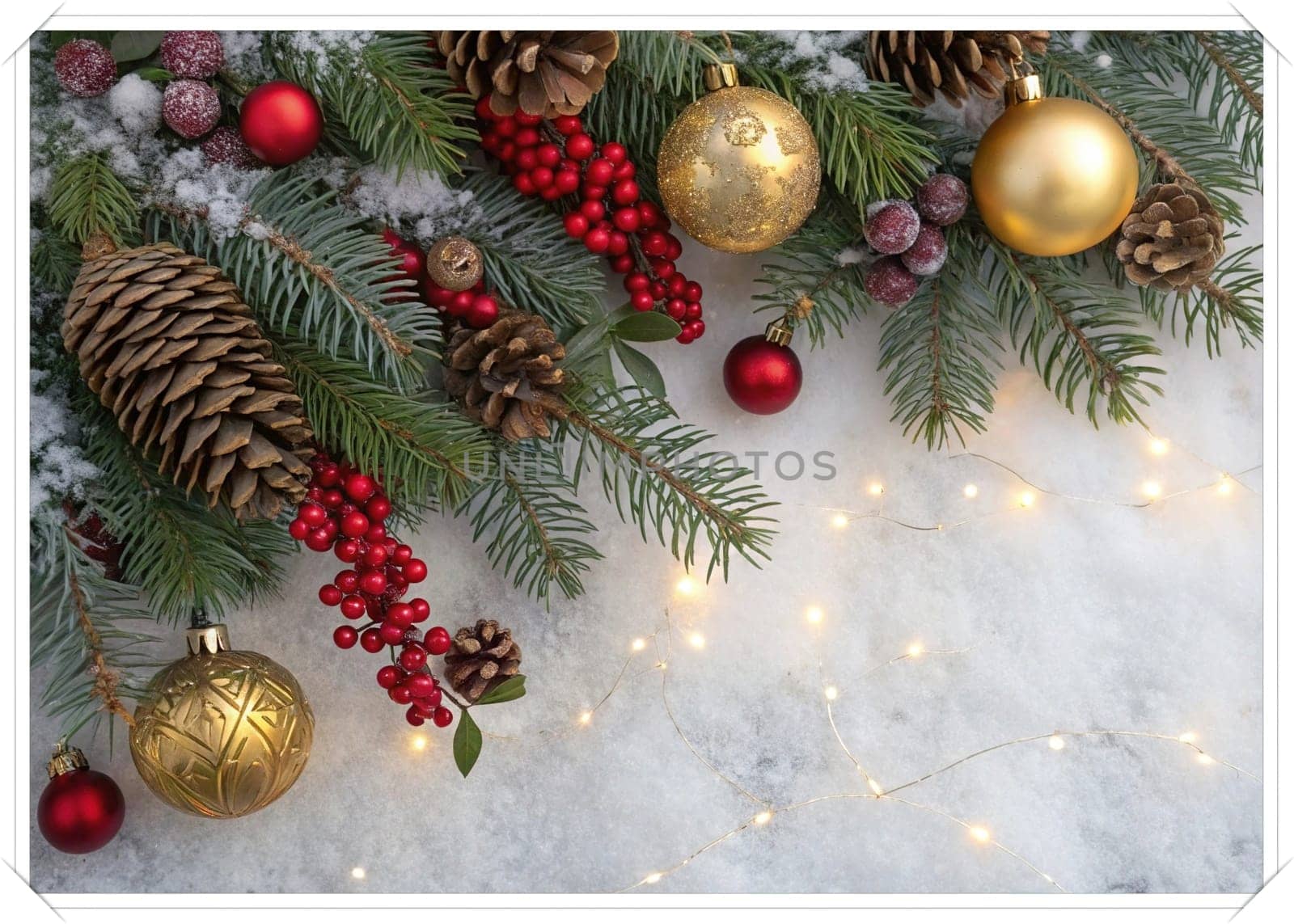 Festive Christmas and New Year Decoration with Snow.Space for text.A beautifully arranged Christmas and New Year decoration featuring snow-covered pine branches adorned with golden and red baubles, pinecones, and vibrant red berries. The scene captures the essence of the holiday season with its festive ornaments and a gentle snowfall, creating a warm and inviting winter atmosphere.