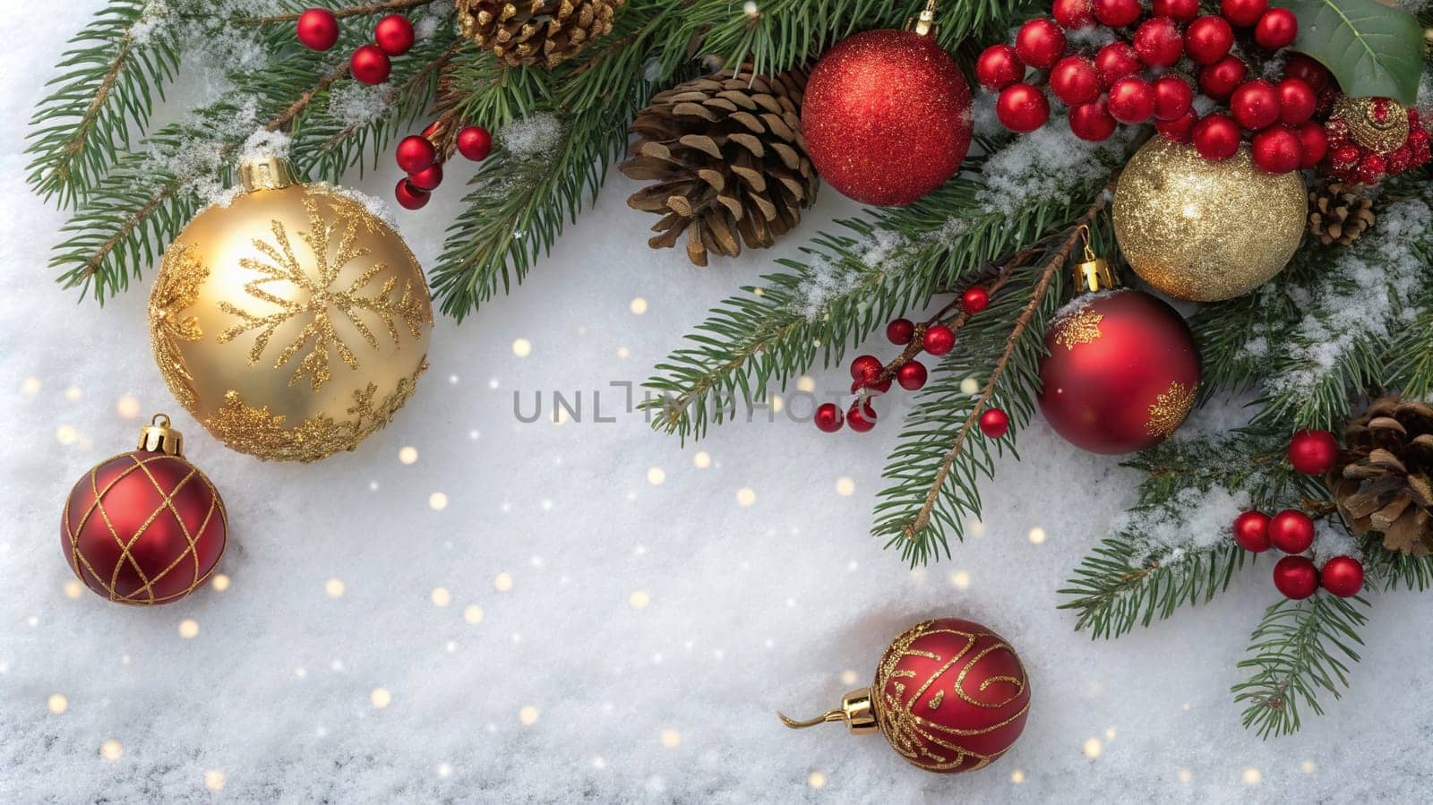 Festive Christmas and New Year Decoration with Snow.Space for text.A beautifully arranged Christmas and New Year decoration featuring snow-covered pine branches adorned with golden and red baubles, pinecones, and vibrant red berries. The scene captures the essence of the holiday season with its festive ornaments and a gentle snowfall, creating a warm and inviting winter atmosphere.