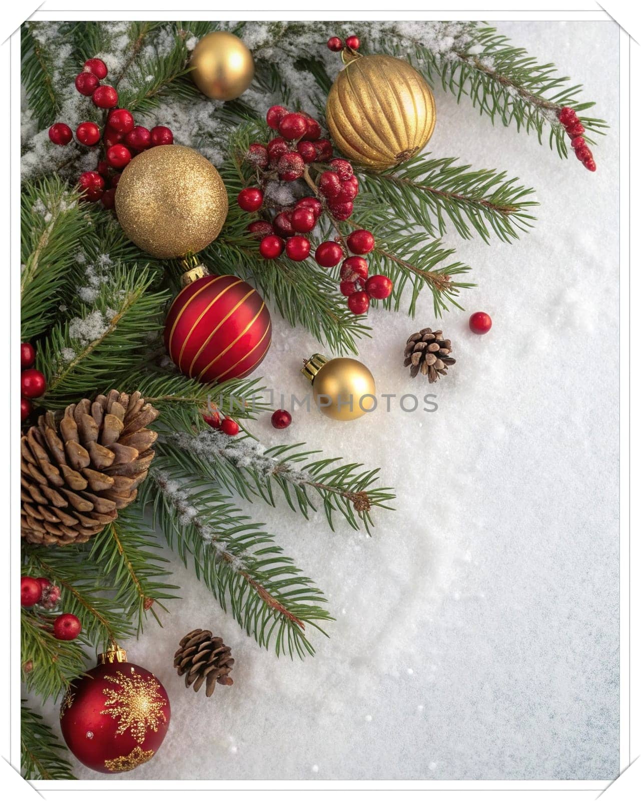 Festive Christmas and New Year Decoration with Snow.Space for text.A beautifully arranged Christmas and New Year decoration featuring snow-covered pine branches adorned with golden and red baubles, pinecones, and vibrant red berries. The scene captures the essence of the holiday season with its festive ornaments and a gentle snowfall, creating a warm and inviting winter atmosphere.