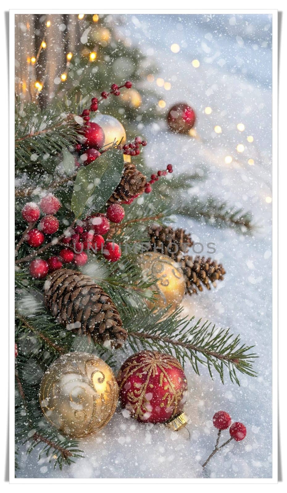 Festive Christmas and New Year Decoration with Snow.Space for text.A beautifully arranged Christmas and New Year decoration featuring snow-covered pine branches adorned with golden and red baubles, pinecones, and vibrant red berries. The scene captures the essence of the holiday season with its festive ornaments and a gentle snowfall, creating a warm and inviting winter atmosphere.