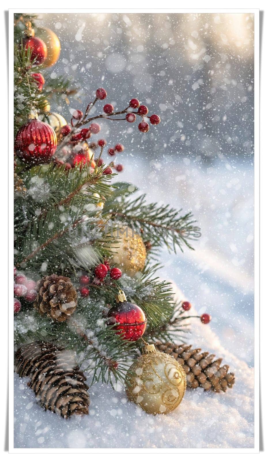 Festive Christmas and New Year Decoration with Snow.Space for text.A beautifully arranged Christmas and New Year decoration featuring snow-covered pine branches adorned with golden and red baubles, pinecones, and vibrant red berries. The scene captures the essence of the holiday season with its festive ornaments and a gentle snowfall, creating a warm and inviting winter atmosphere.