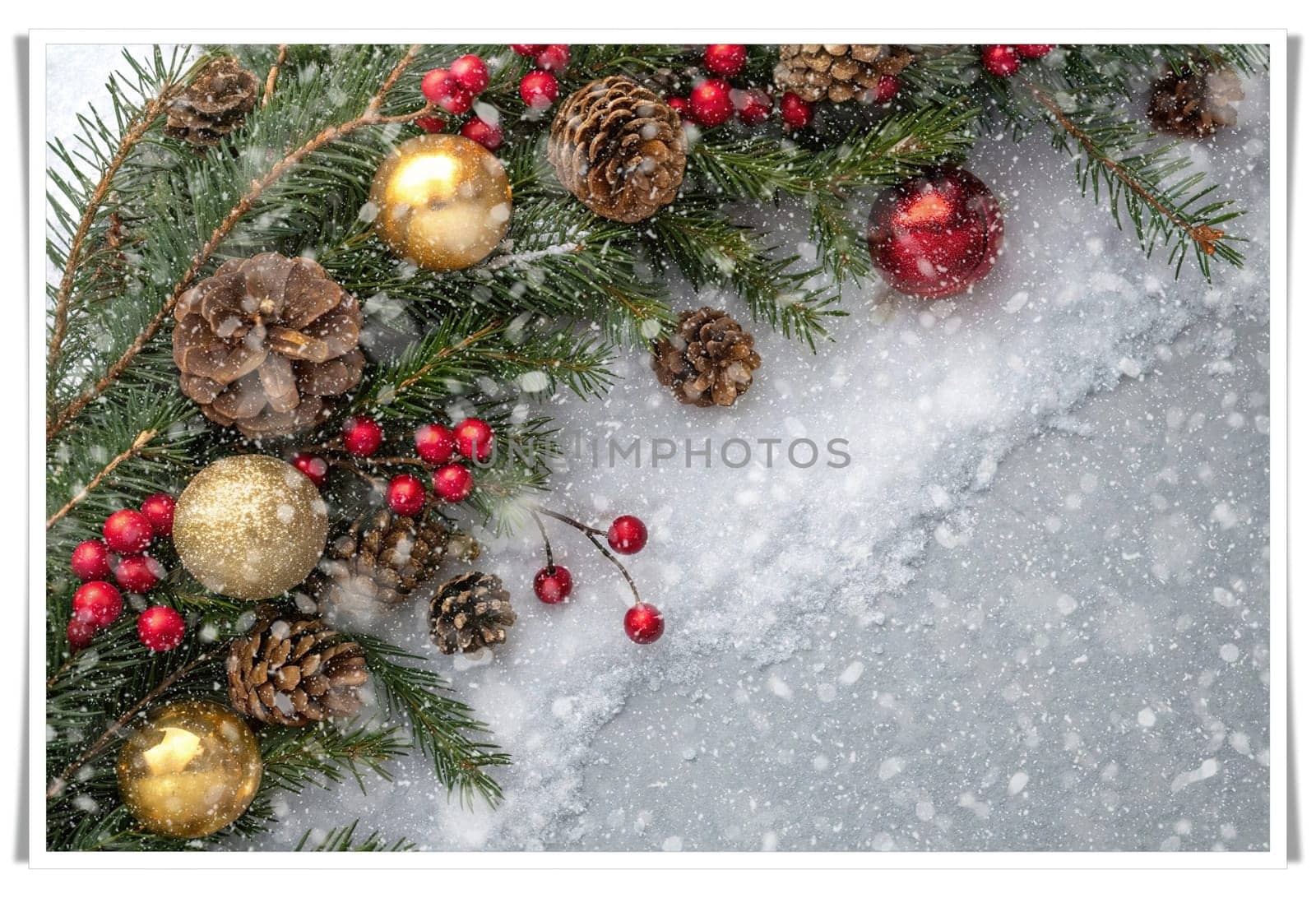 Festive Christmas and New Year Decoration with Snow.Space for text.A beautifully arranged Christmas and New Year decoration featuring snow-covered pine branches adorned with golden and red baubles, pinecones, and vibrant red berries. The scene captures the essence of the holiday season with its festive ornaments and a gentle snowfall, creating a warm and inviting winter atmosphere.