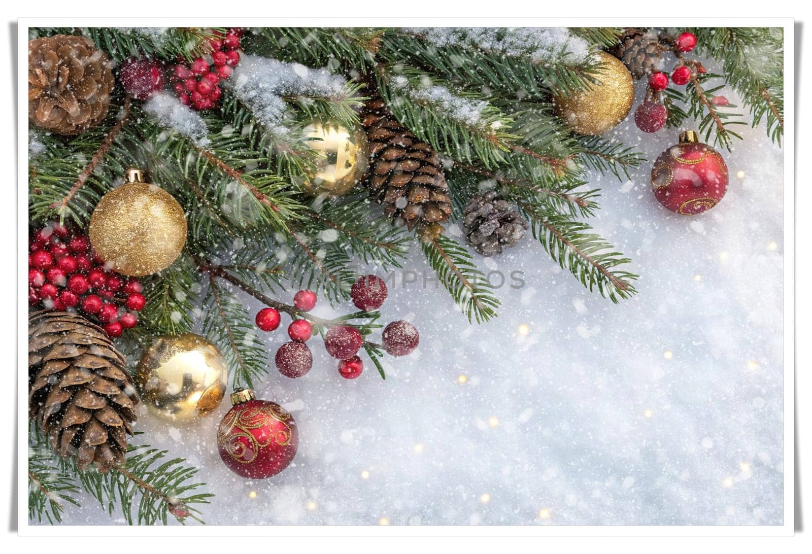 Festive Christmas and New Year Decoration with Snow.Space for text.A beautifully arranged Christmas and New Year decoration featuring snow-covered pine branches adorned with golden and red baubles, pinecones, and vibrant red berries. The scene captures the essence of the holiday season with its festive ornaments and a gentle snowfall, creating a warm and inviting winter atmosphere.