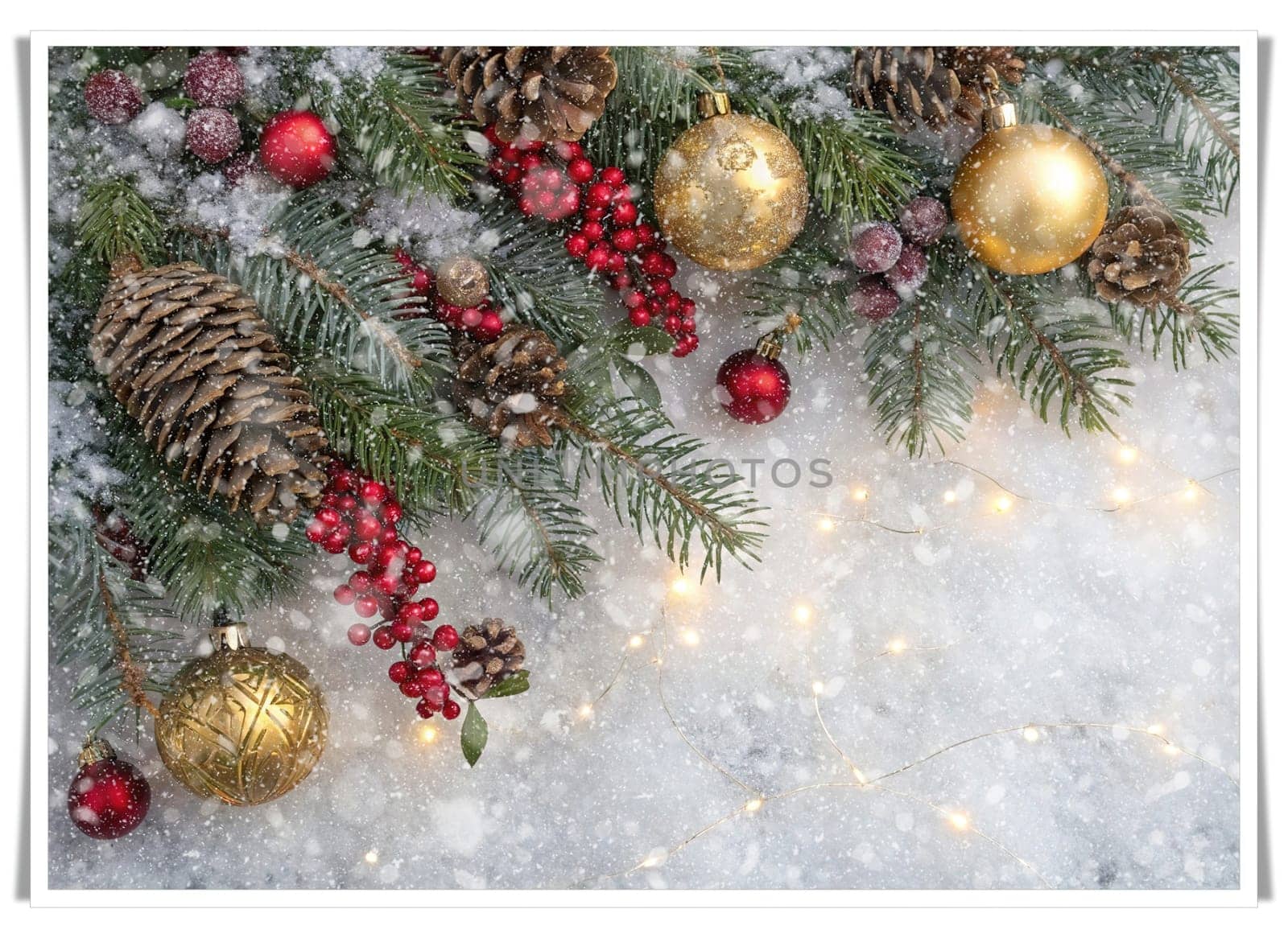 Festive Christmas and New Year Decoration with Snow.Space for text.A beautifully arranged Christmas and New Year decoration featuring snow-covered pine branches adorned with golden and red baubles, pinecones, and vibrant red berries. The scene captures the essence of the holiday season with its festive ornaments and a gentle snowfall, creating a warm and inviting winter atmosphere.