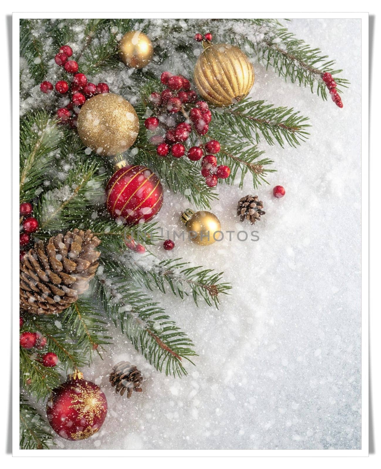 Festive Christmas and New Year Decoration with Snow.Space for text.A beautifully arranged Christmas and New Year decoration featuring snow-covered pine branches adorned with golden and red baubles, pinecones, and vibrant red berries. The scene captures the essence of the holiday season with its festive ornaments and a gentle snowfall, creating a warm and inviting winter atmosphere.
