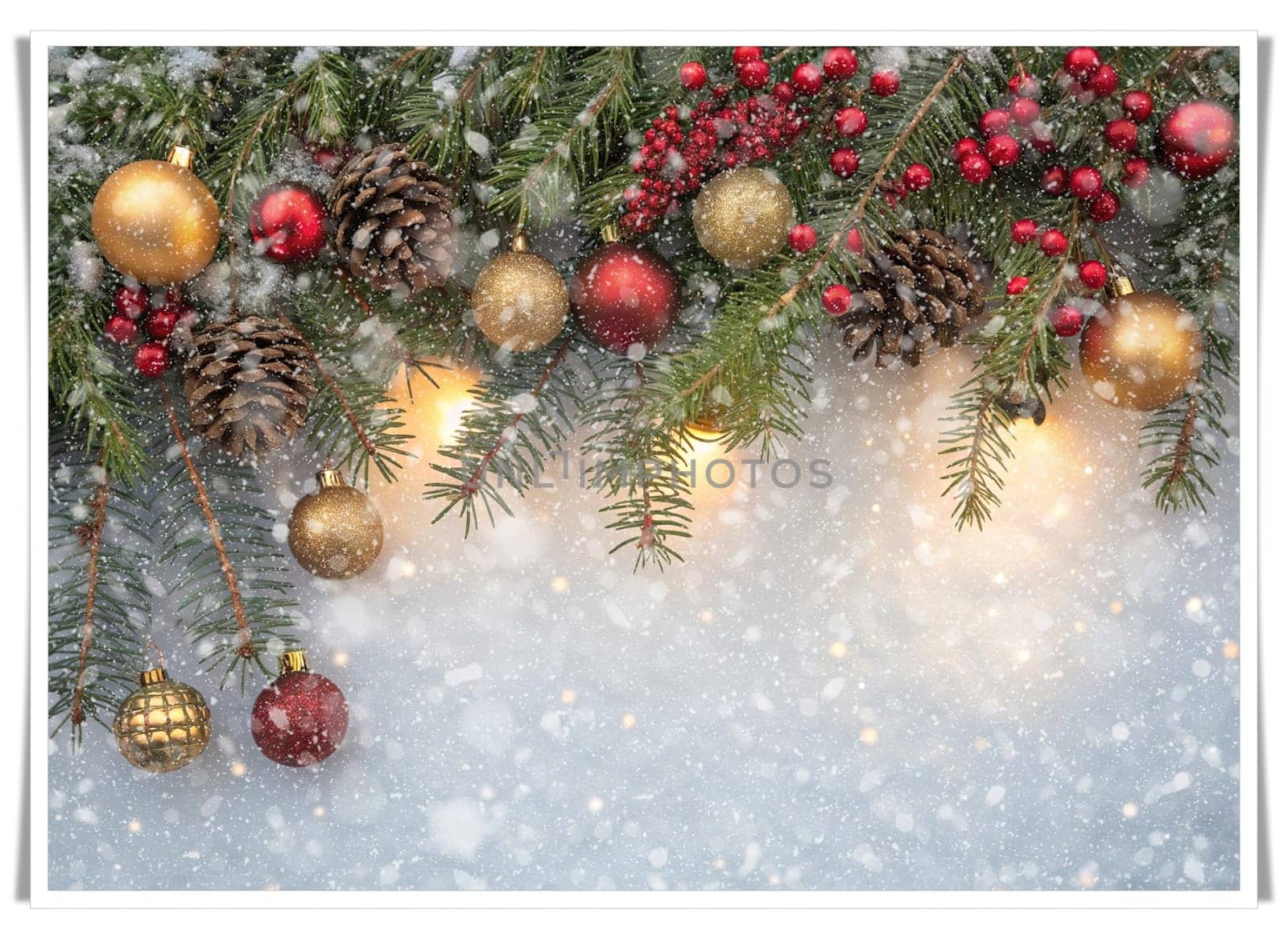 Festive Christmas and New Year Decoration with Snow.Space for text.A beautifully arranged Christmas and New Year decoration featuring snow-covered pine branches adorned with golden and red baubles, pinecones, and vibrant red berries. The scene captures the essence of the holiday season with its festive ornaments and a gentle snowfall, creating a warm and inviting winter atmosphere.