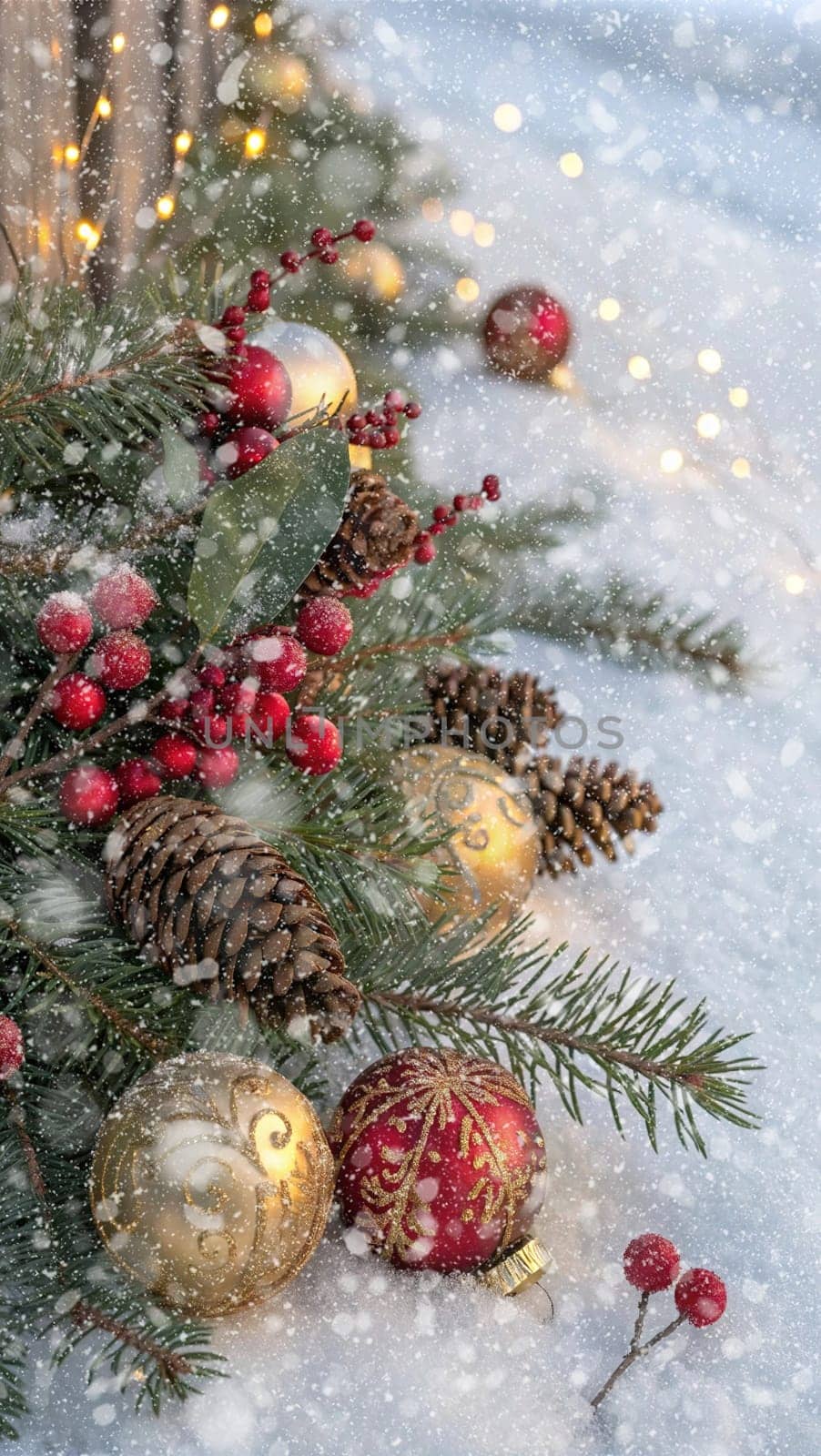 Festive Christmas and New Year Decoration with Snow.Space for text.A beautifully arranged Christmas and New Year decoration featuring snow-covered pine branches adorned with golden and red baubles, pinecones, and vibrant red berries. The scene captures the essence of the holiday season with its festive ornaments and a gentle snowfall, creating a warm and inviting winter atmosphere.