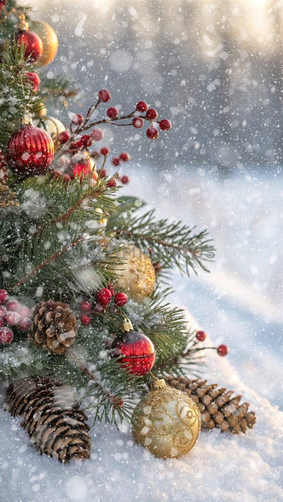 Festive Christmas and New Year Decoration with Snow.Space for text.A beautifully arranged Christmas and New Year decoration featuring snow-covered pine branches adorned with golden and red baubles, pinecones, and vibrant red berries. The scene captures the essence of the holiday season with its festive ornaments and a gentle snowfall, creating a warm and inviting winter atmosphere.