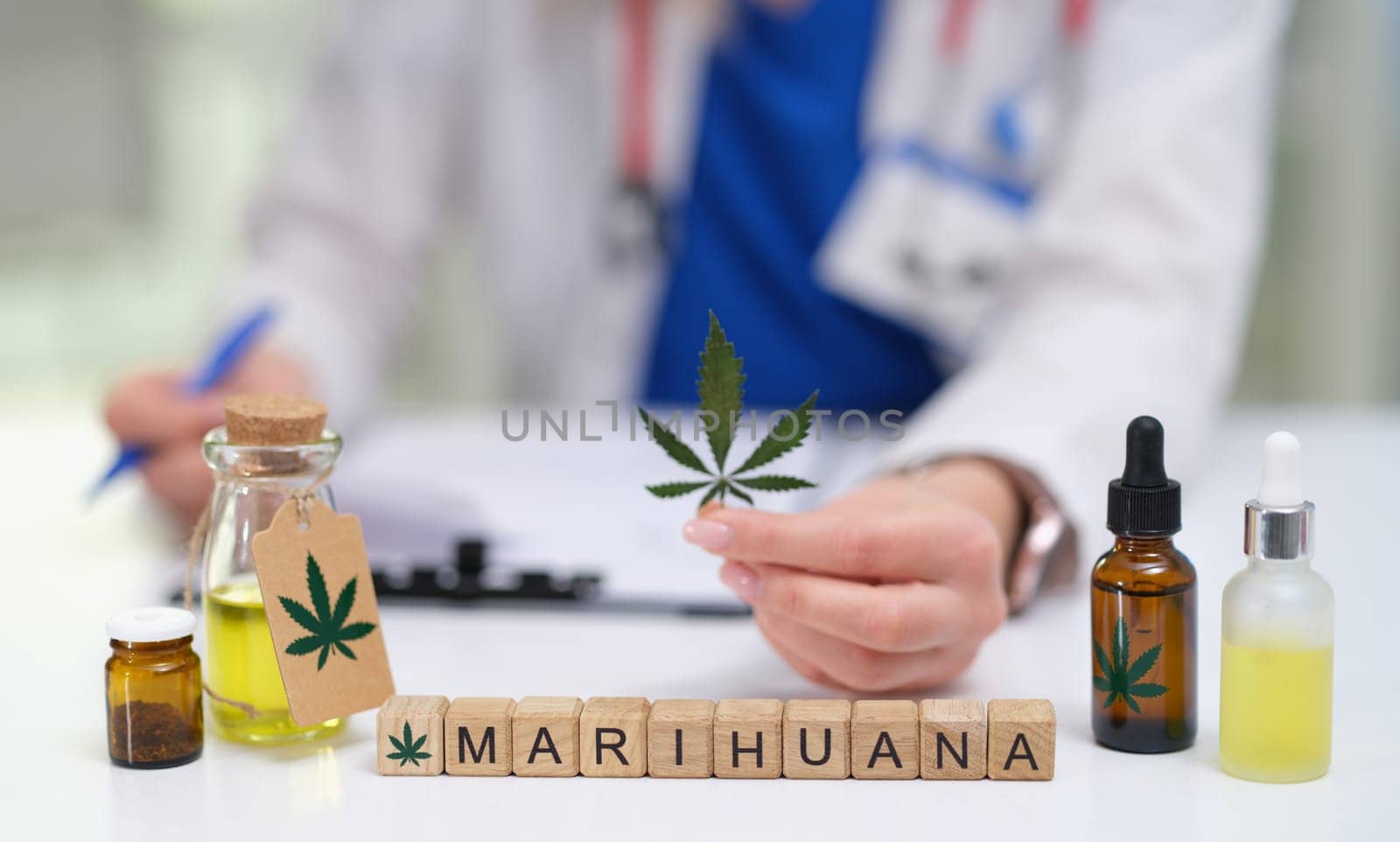 A qualified doctor thoroughly examines various cannabis products, deeply focusing on the health benefits of marijuana