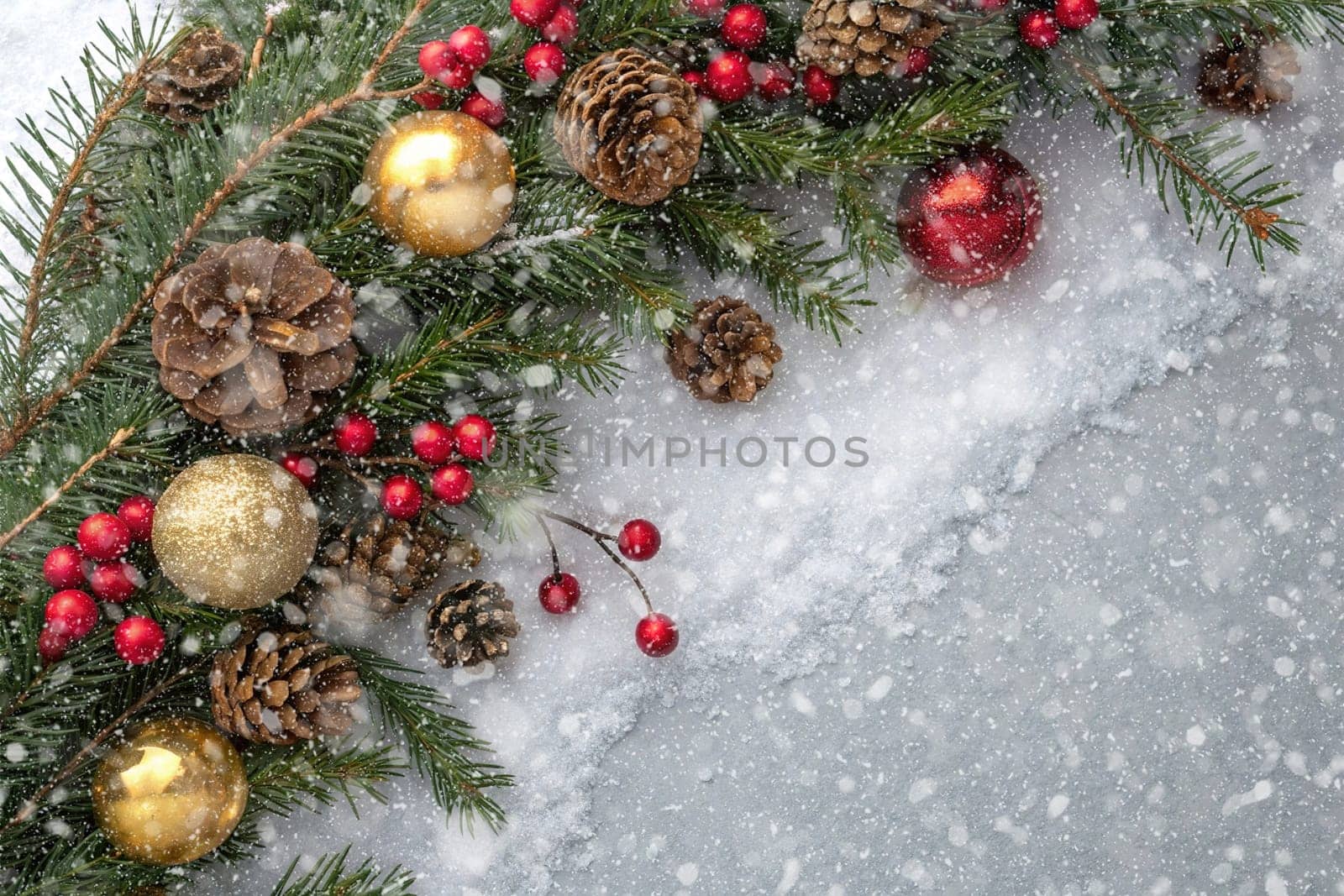 Festive Christmas and New Year Decoration with Snow.Space for text.A beautifully arranged Christmas and New Year decoration featuring snow-covered pine branches adorned with golden and red baubles, pinecones, and vibrant red berries. The scene captures the essence of the holiday season with its festive ornaments and a gentle snowfall, creating a warm and inviting winter atmosphere.