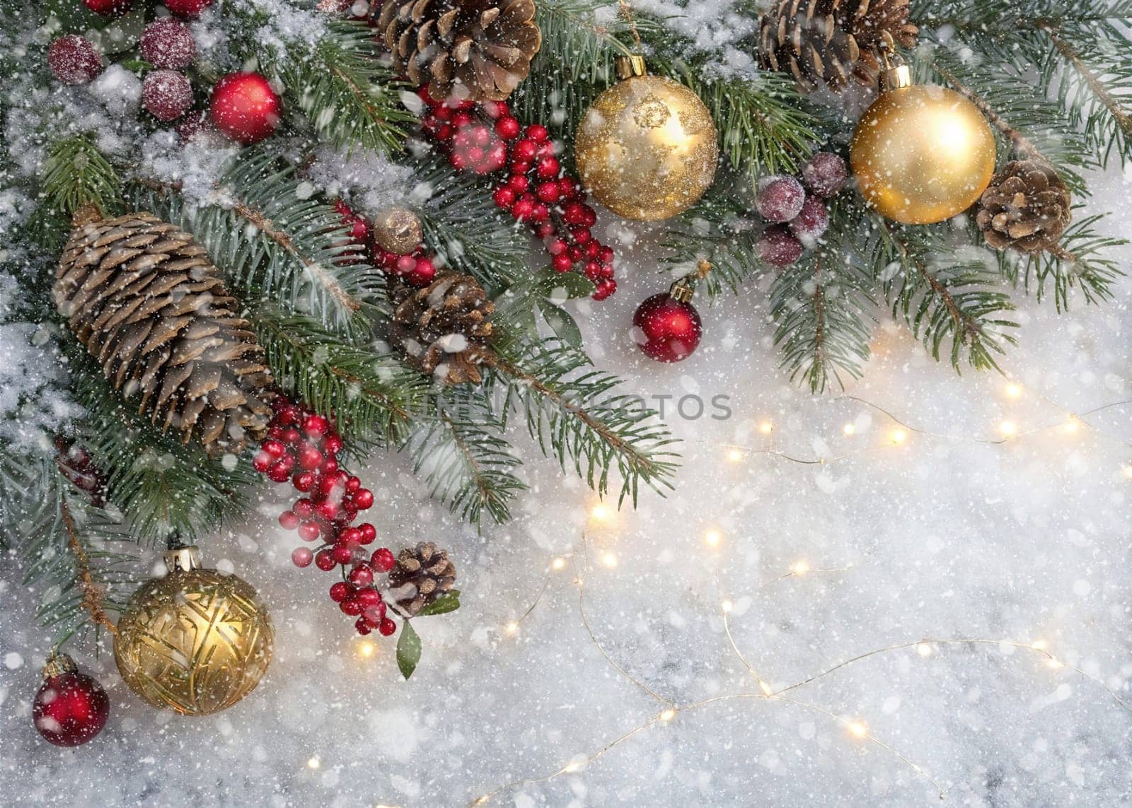 Festive Christmas and New Year Decoration with Snow.Space for text.A beautifully arranged Christmas and New Year decoration featuring snow-covered pine branches adorned with golden and red baubles, pinecones, and vibrant red berries. The scene captures the essence of the holiday season with its festive ornaments and a gentle snowfall, creating a warm and inviting winter atmosphere.