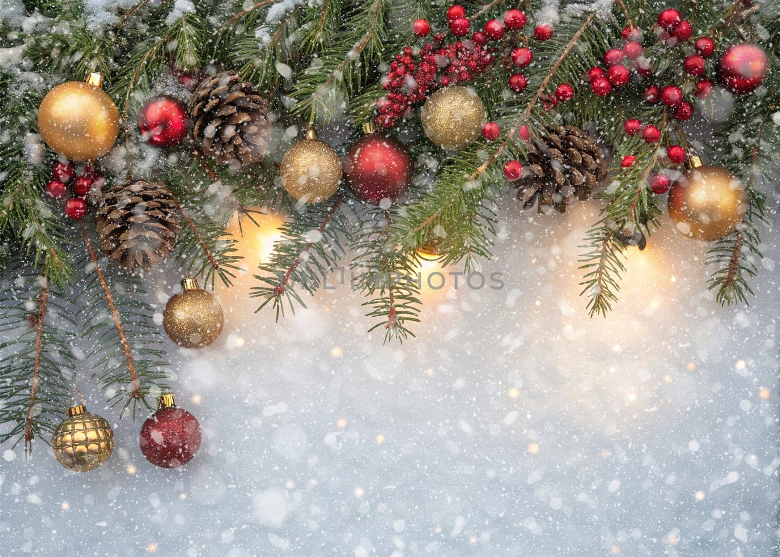 Festive Christmas and New Year Decoration with Snow.Space for text.A beautifully arranged Christmas and New Year decoration featuring snow-covered pine branches adorned with golden and red baubles, pinecones, and vibrant red berries. The scene captures the essence of the holiday season with its festive ornaments and a gentle snowfall, creating a warm and inviting winter atmosphere.