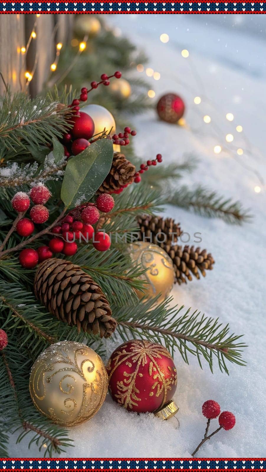 Festive Christmas and New Year Decoration with Snow.Space for text.A beautifully arranged Christmas and New Year decoration featuring snow-covered pine branches adorned with golden and red baubles, pinecones, and vibrant red berries. The scene captures the essence of the holiday season with its festive ornaments and a gentle snowfall, creating a warm and inviting winter atmosphere.