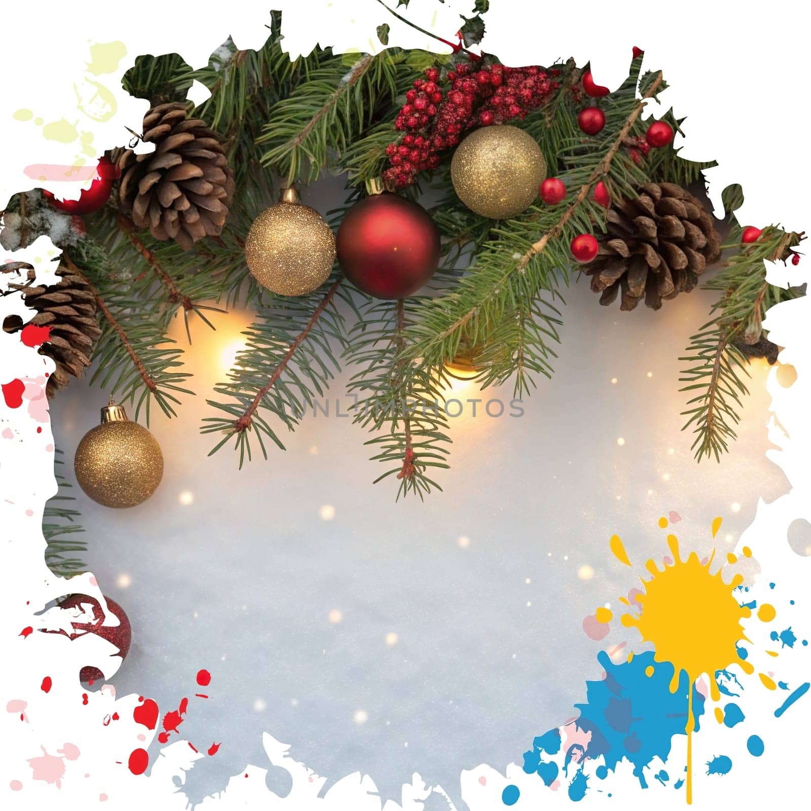 Festive Christmas and New Year Decoration with Snow.Space for text.A beautifully arranged Christmas and New Year decoration featuring snow-covered pine branches adorned with golden and red baubles, pinecones, and vibrant red berries. The scene captures the essence of the holiday season with its festive ornaments and a gentle snowfall, creating a warm and inviting winter atmosphere.