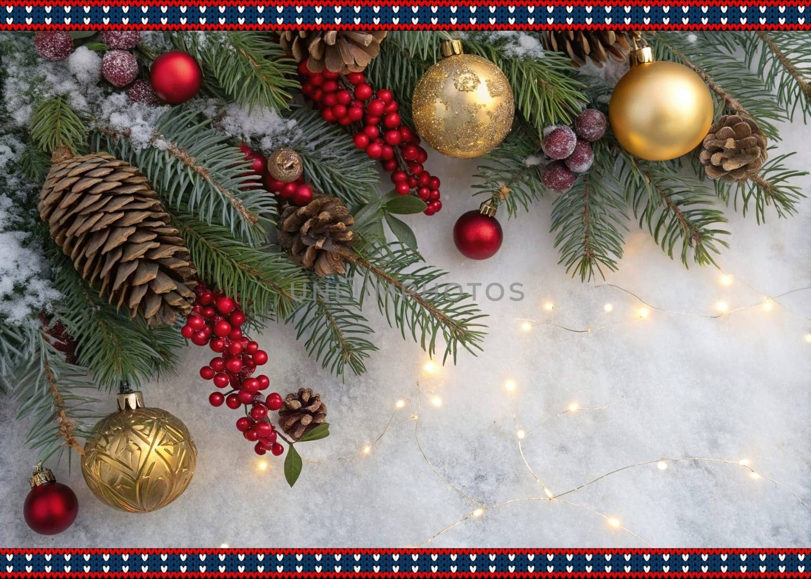 Festive Christmas and New Year Decoration with Snow.Space for text.A beautifully arranged Christmas and New Year decoration featuring snow-covered pine branches adorned with golden and red baubles, pinecones, and vibrant red berries. The scene captures the essence of the holiday season with its festive ornaments and a gentle snowfall, creating a warm and inviting winter atmosphere.