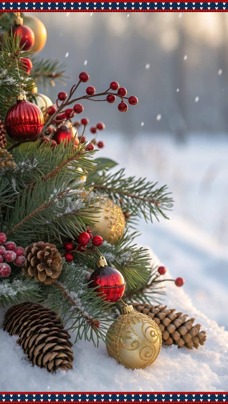 Festive Christmas and New Year Decoration with Snow.Space for text.A beautifully arranged Christmas and New Year decoration featuring snow-covered pine branches adorned with golden and red baubles, pinecones, and vibrant red berries. The scene captures the essence of the holiday season with its festive ornaments and a gentle snowfall, creating a warm and inviting winter atmosphere.