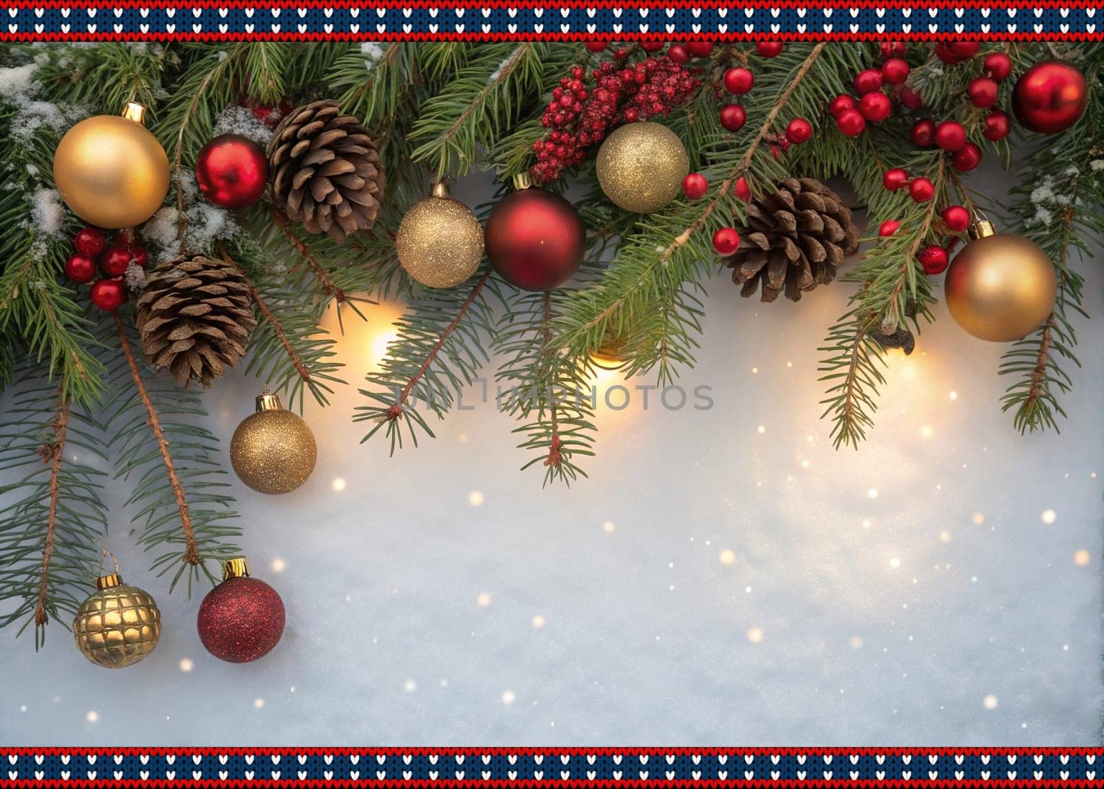 Festive Christmas and New Year Decoration with Snow.Space for text.A beautifully arranged Christmas and New Year decoration featuring snow-covered pine branches adorned with golden and red baubles, pinecones, and vibrant red berries. The scene captures the essence of the holiday season with its festive ornaments and a gentle snowfall, creating a warm and inviting winter atmosphere.