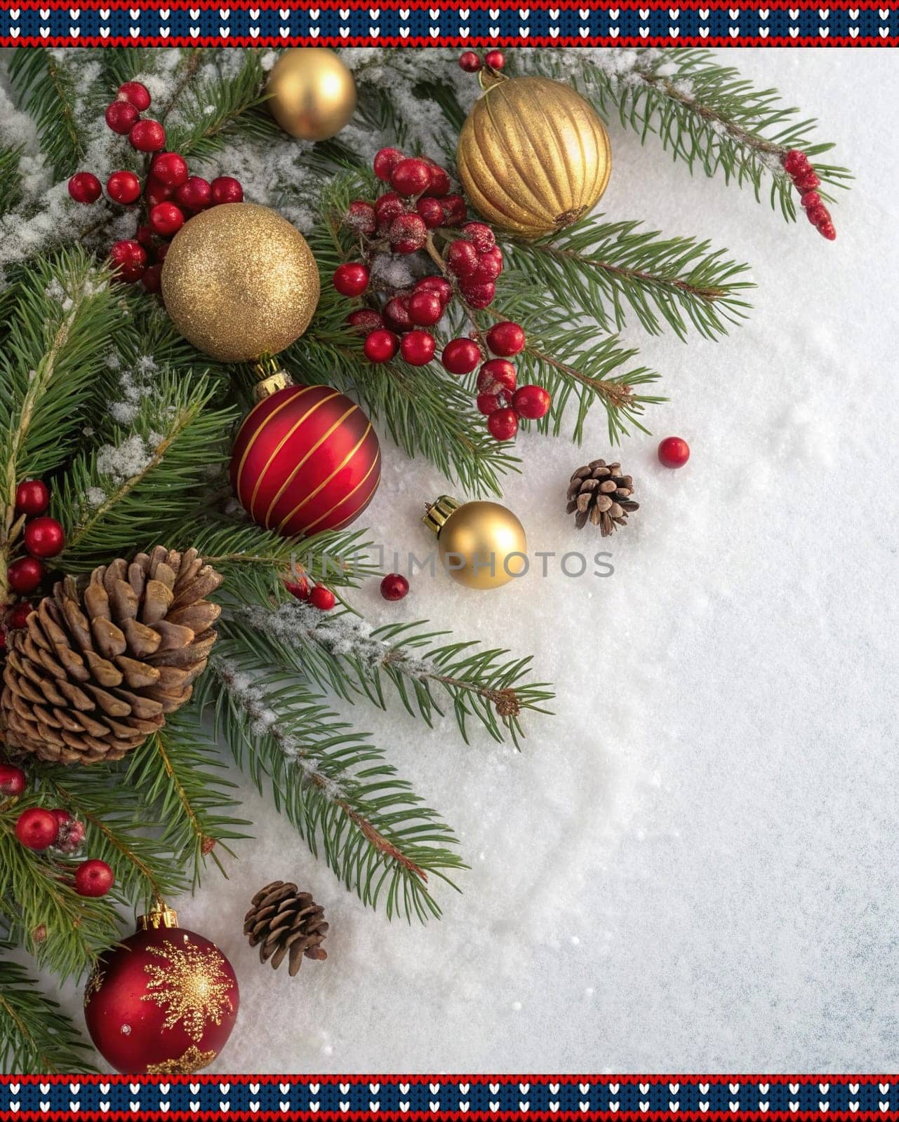 Festive Christmas and New Year Decoration with Snow.Space for text.A beautifully arranged Christmas and New Year decoration featuring snow-covered pine branches adorned with golden and red baubles, pinecones, and vibrant red berries. The scene captures the essence of the holiday season with its festive ornaments and a gentle snowfall, creating a warm and inviting winter atmosphere.