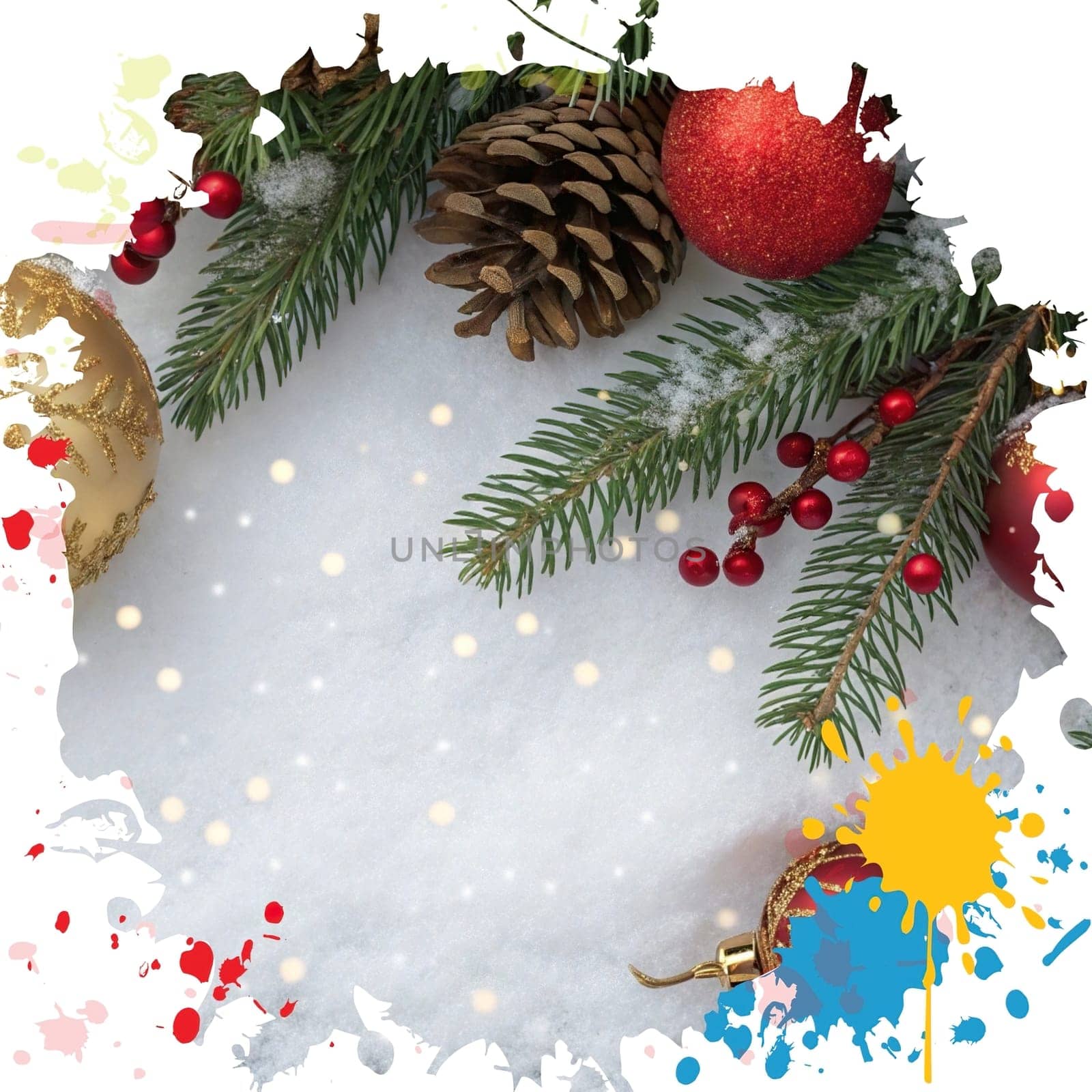 Festive Christmas and New Year Decoration with Snow.Space for text.A beautifully arranged Christmas and New Year decoration featuring snow-covered pine branches adorned with golden and red baubles, pinecones, and vibrant red berries. The scene captures the essence of the holiday season with its festive ornaments and a gentle snowfall, creating a warm and inviting winter atmosphere.