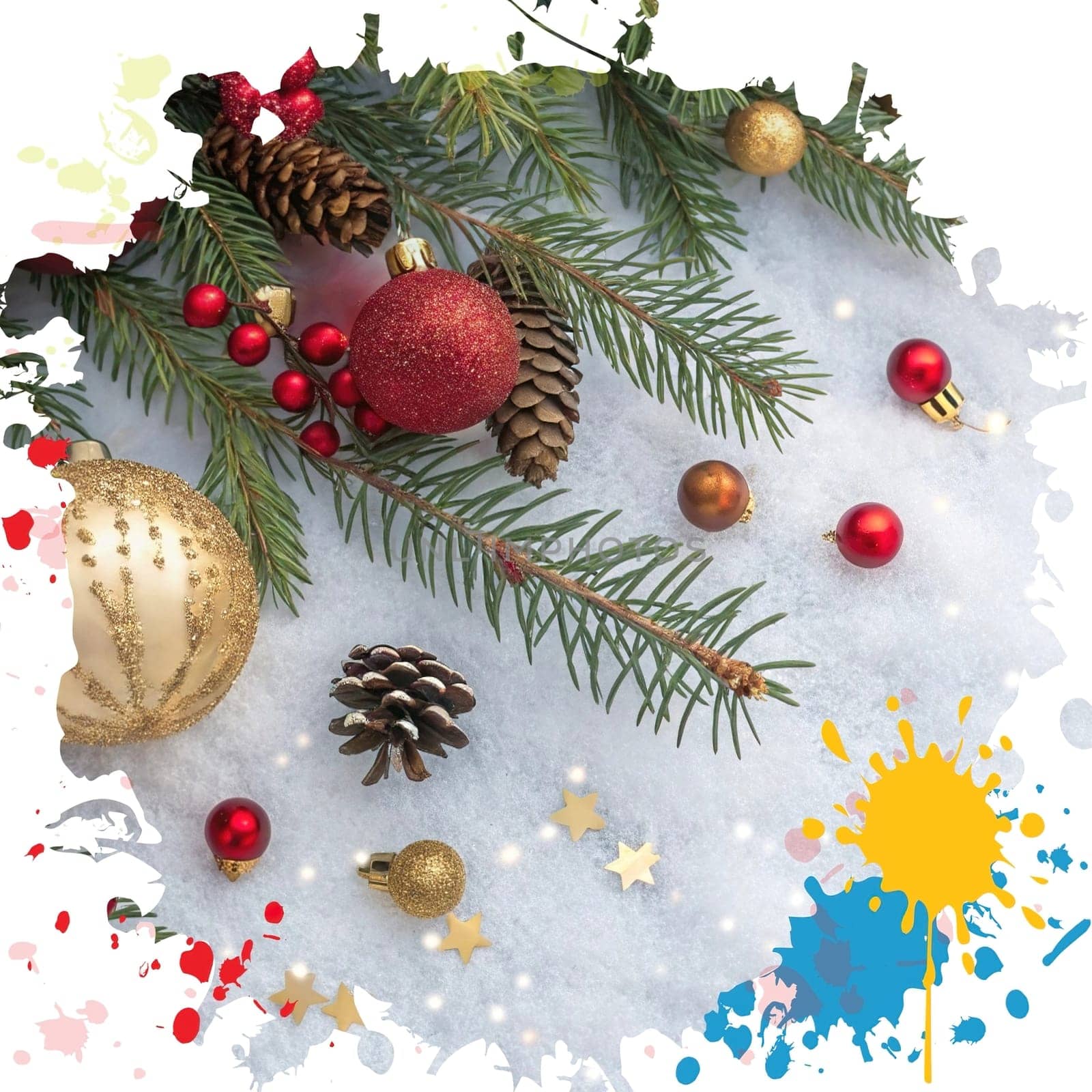 Festive Christmas and New Year Decoration with Snow.Space for text.A beautifully arranged Christmas and New Year decoration featuring snow-covered pine branches adorned with golden and red baubles, pinecones, and vibrant red berries. The scene captures the essence of the holiday season with its festive ornaments and a gentle snowfall, creating a warm and inviting winter atmosphere.