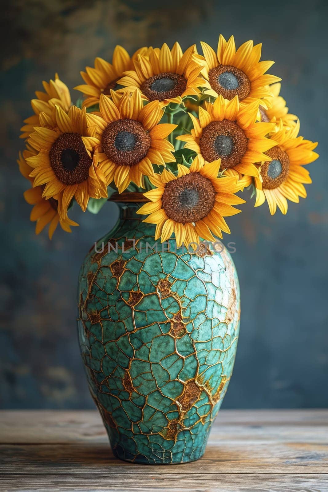 A vibrant and lively display of bright yellow sunflowers arranged in an ornate teal vase, perfect for any home decor