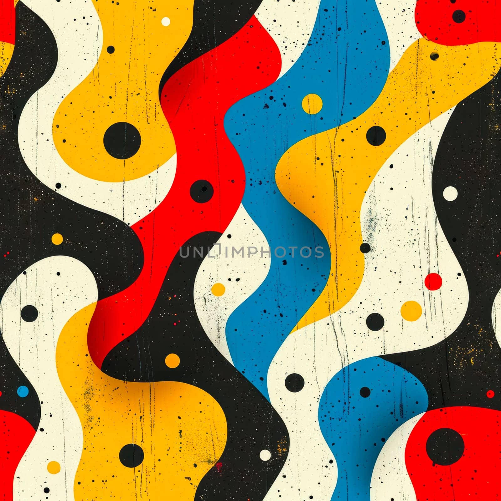 This vibrant and lively abstract design features flowing shapes and bold colors set against a dark background