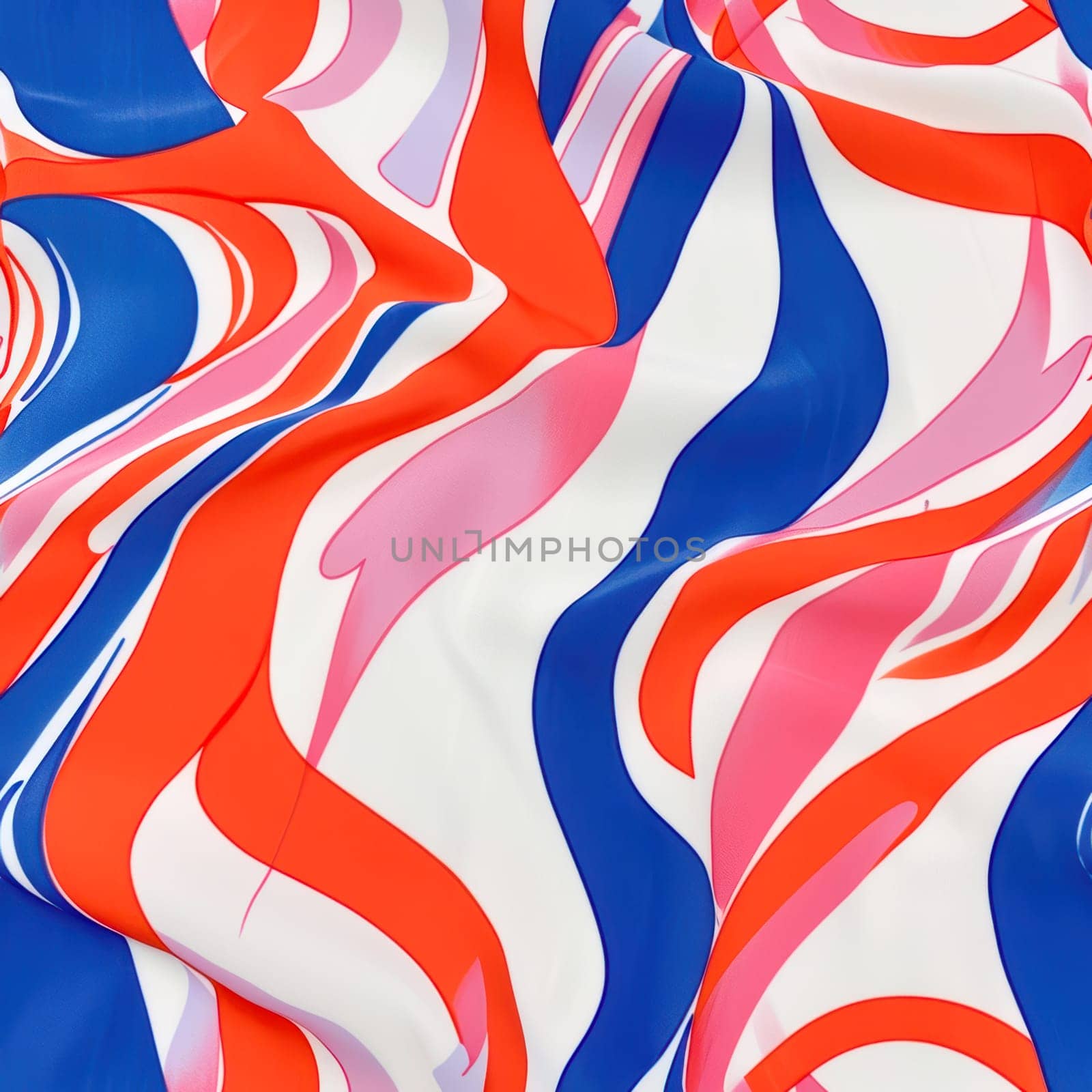 This is a vibrant abstract fabric design featuring swirling patterns that are created in bold and striking colors