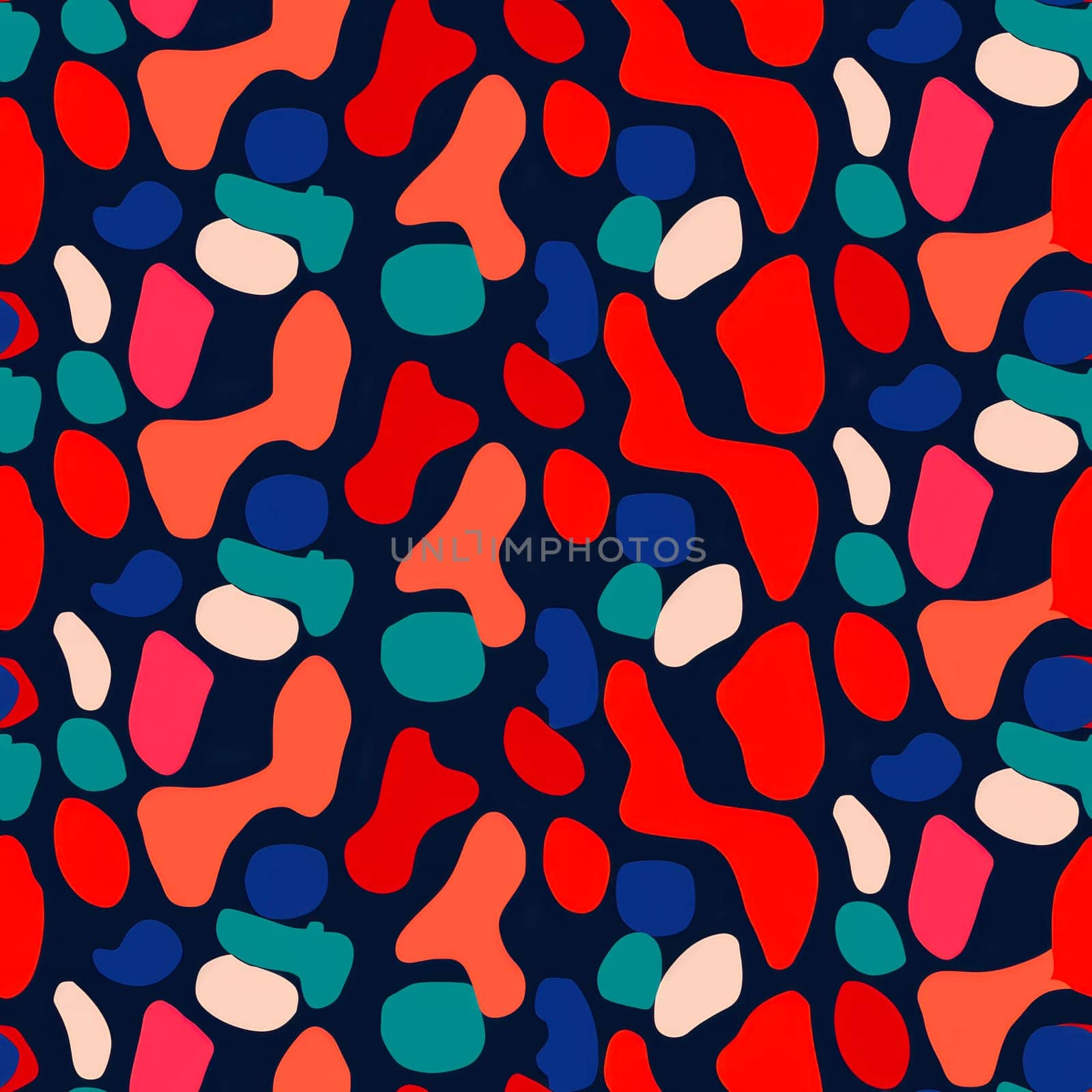 An energetic abstract pattern showcasing an array of colorful shapes against a deep, dark background