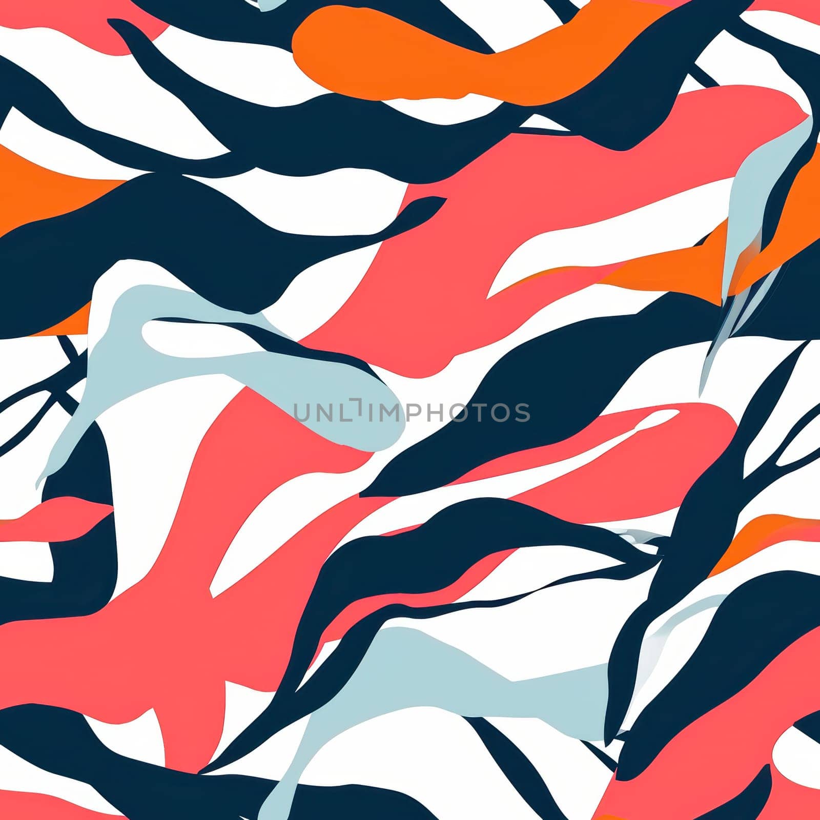 A vibrant and lively abstract pattern showcasing fluid shapes in bold colors combined with contrasting elements