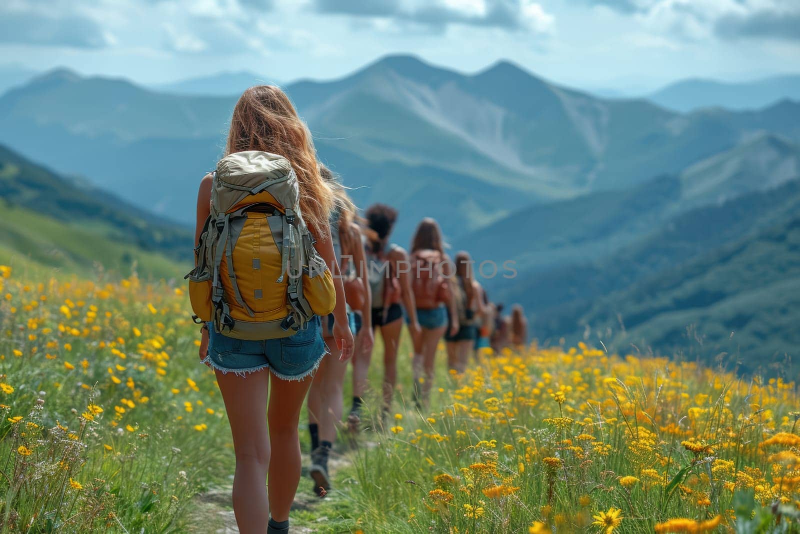 A group of enthusiastic hikers joyfully traversing a colorful mountain trail amidst stunning landscapes