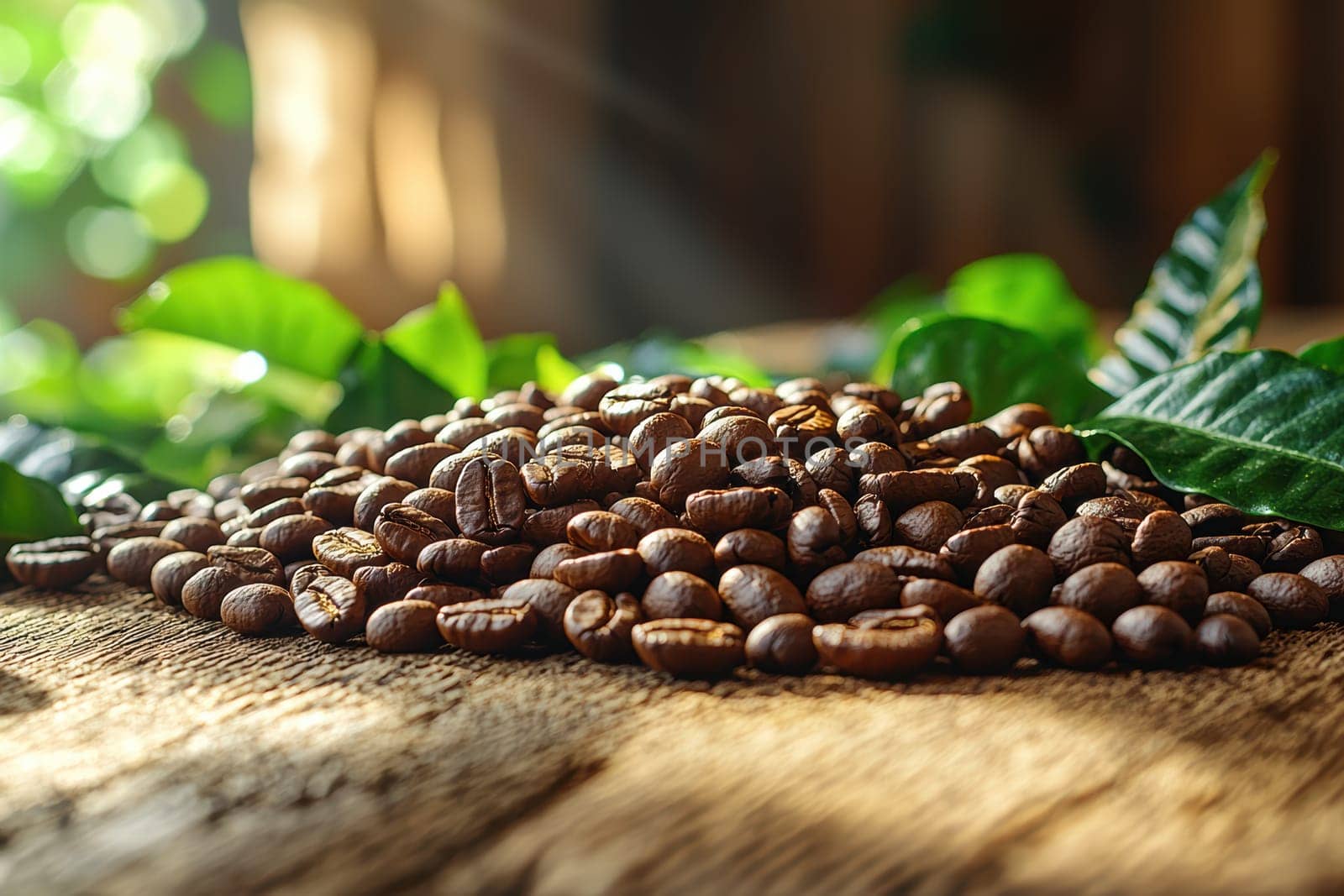 Here is a vibrant and appealing view of freshly roasted coffee beans accompanied by green leaves atop wood