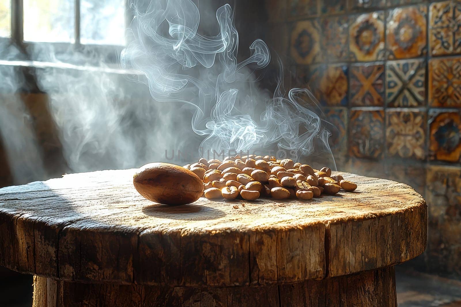 A beautifully rustic kitchen scene showcasing smoke rising from aromatic spices arranged on a wooden table