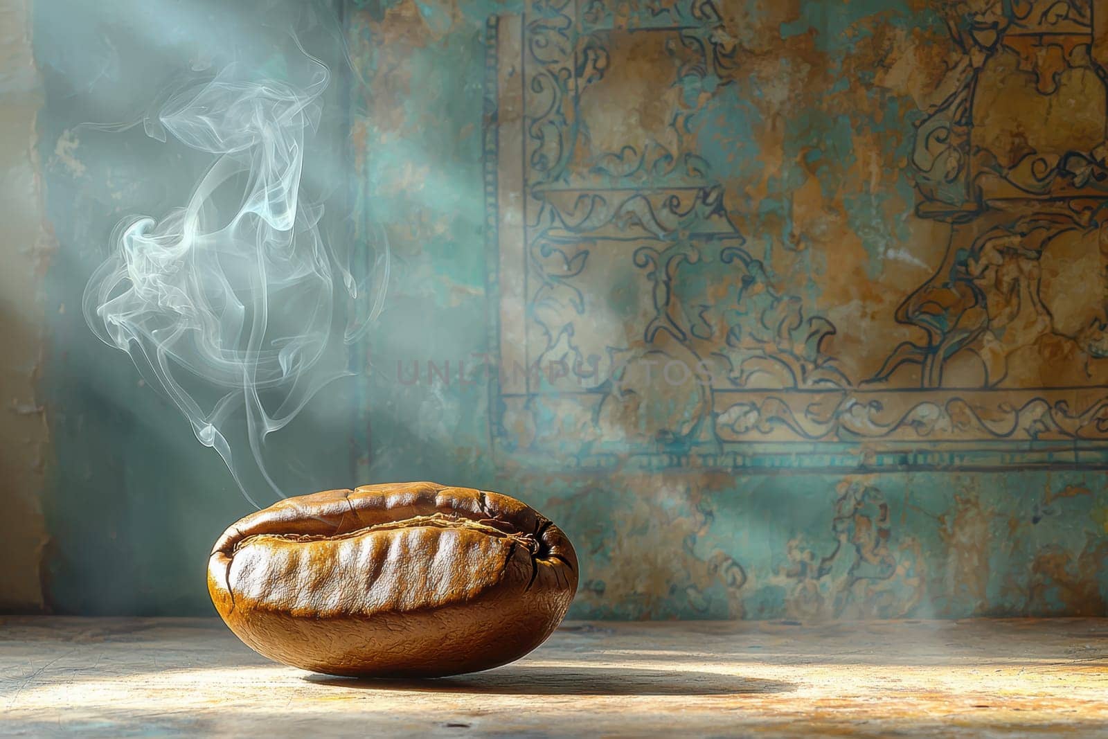 A captivating coffee bean elegantly surrounded by soft, swirling smoke, evoking warmth and nostalgia within