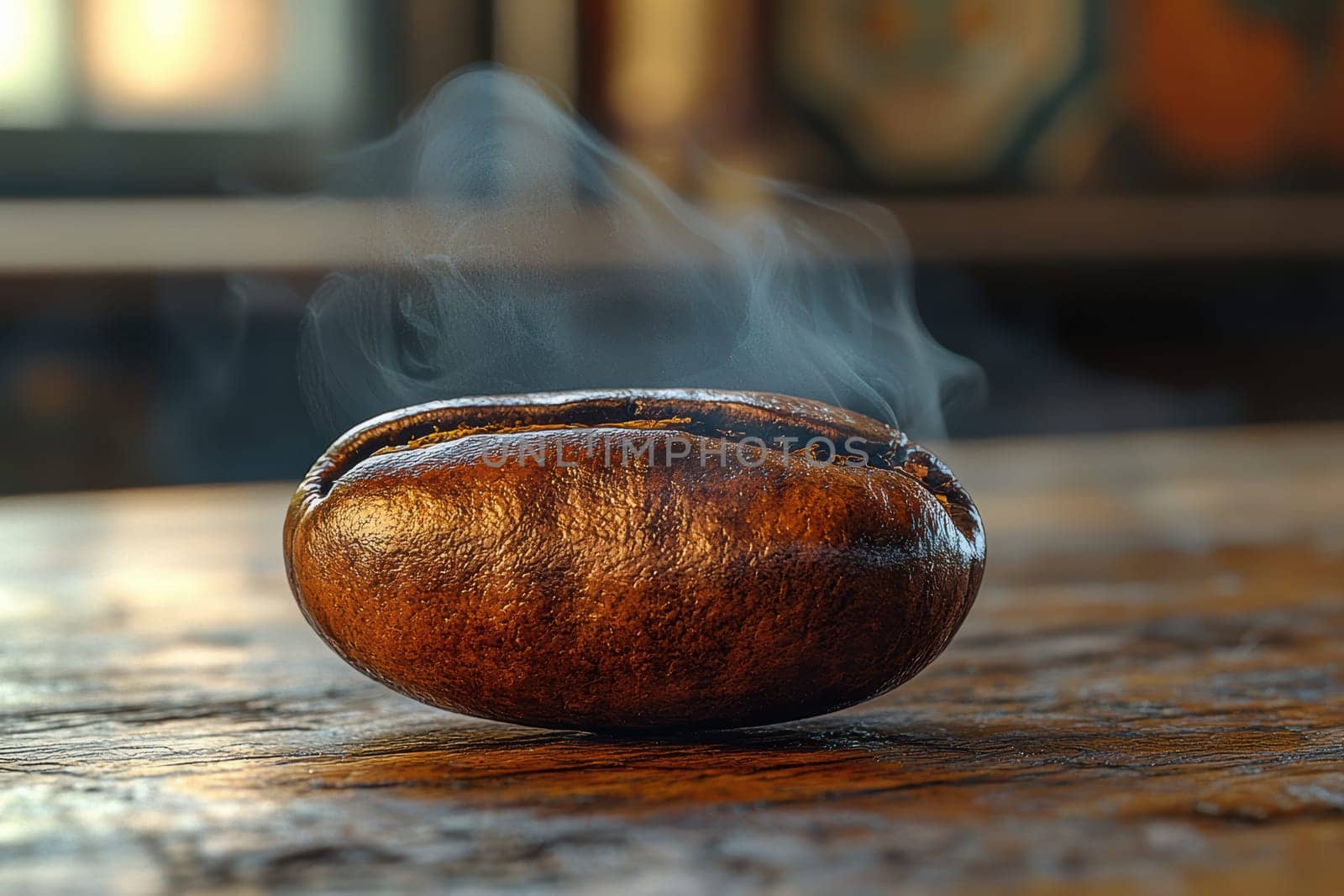 A glossy coffee bean elegantly positioned atop a rustic surface with gentle, aromatic smoke wafting above it