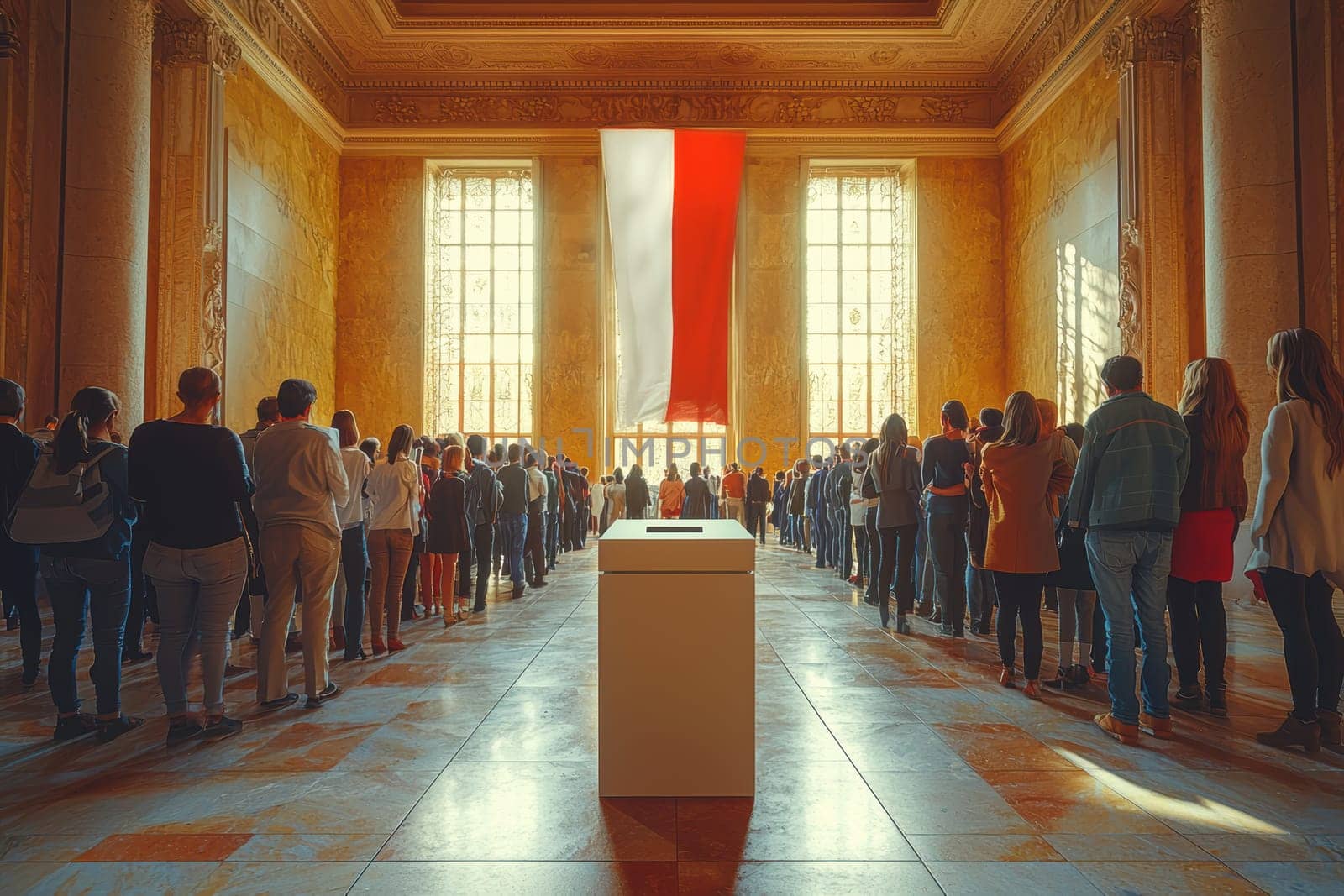 A significant voting ceremony held in an ornate hall, showcasing national pride and community engagement.