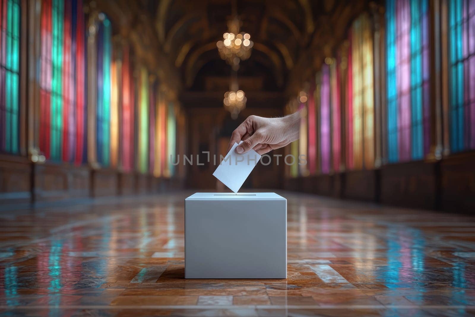 A closeup view of a hand gracefully casting a ballot amidst a serene and colorful environment filled with life