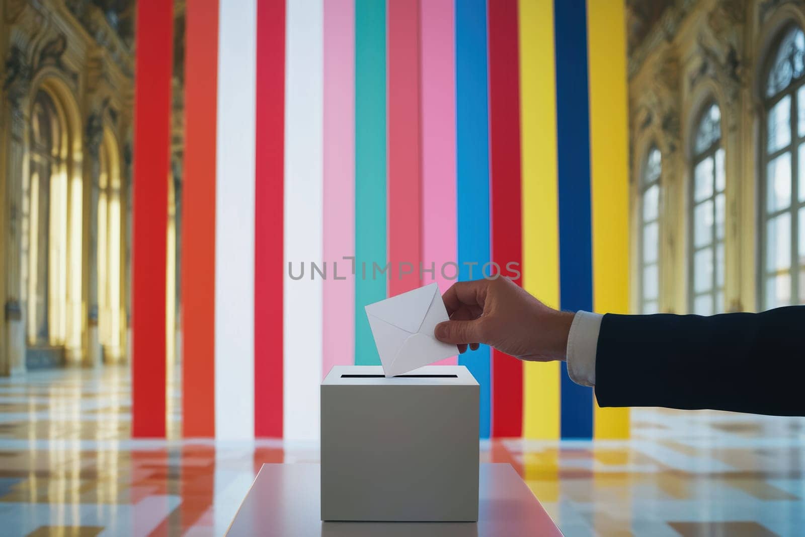 A hand is casting a vote into a vibrant ballot box against a colorful background, symbolizing democracy